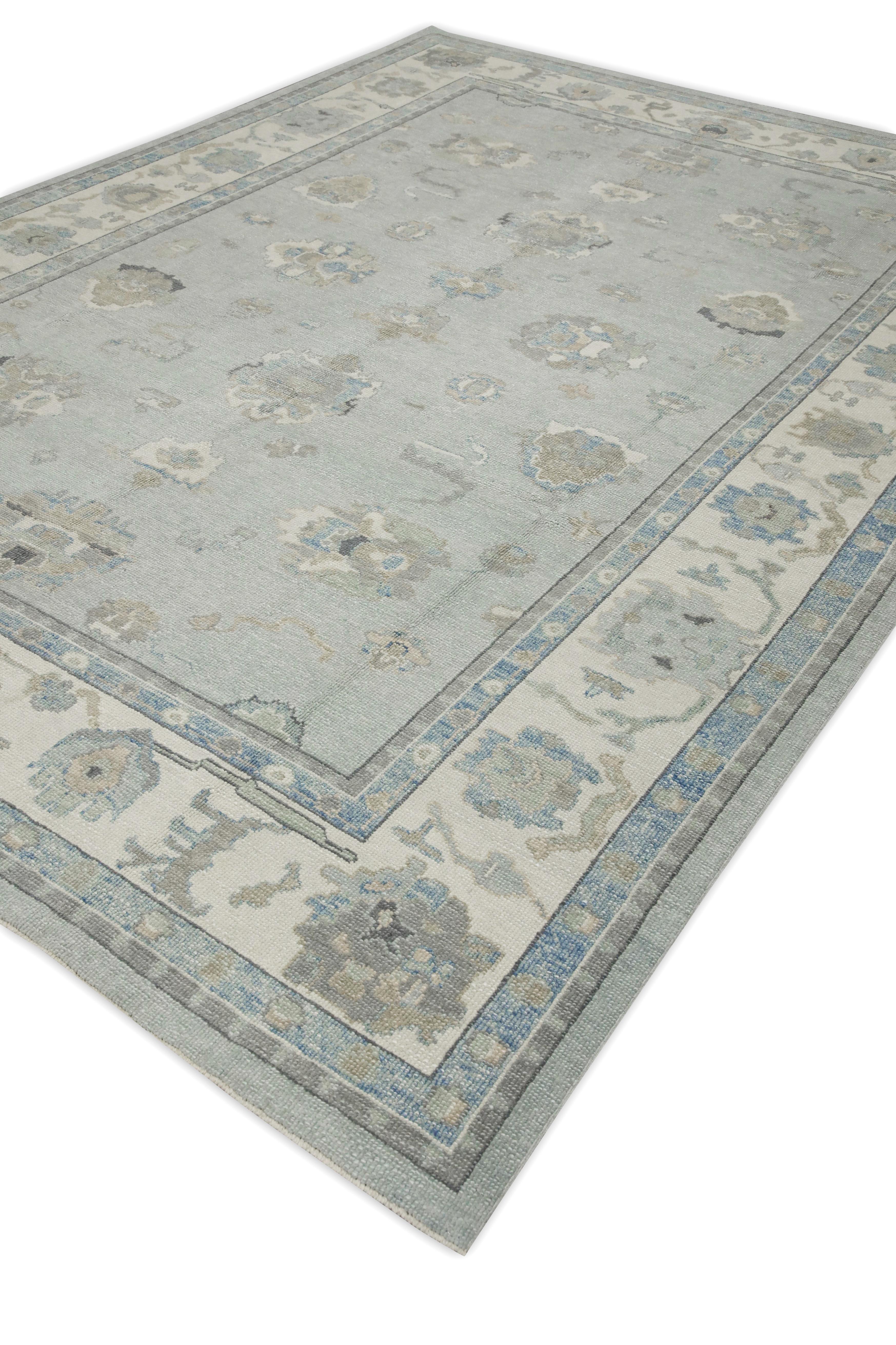 Contemporary Blue Floral Design Handwoven Wool Turkish Oushak Rug 8'8