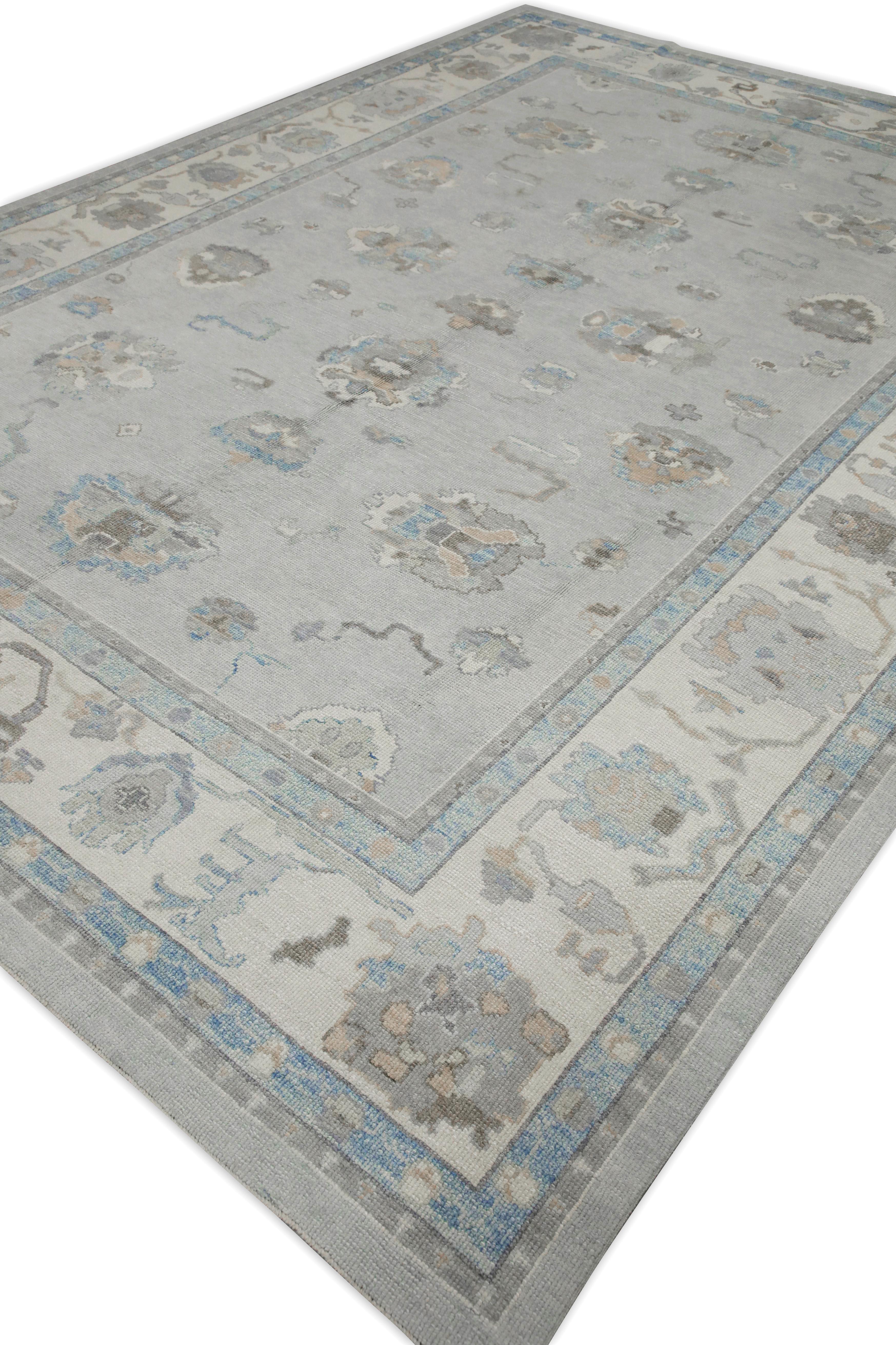 Contemporary Blue Floral Design Handwoven Wool Turkish Oushak Rug 9'10