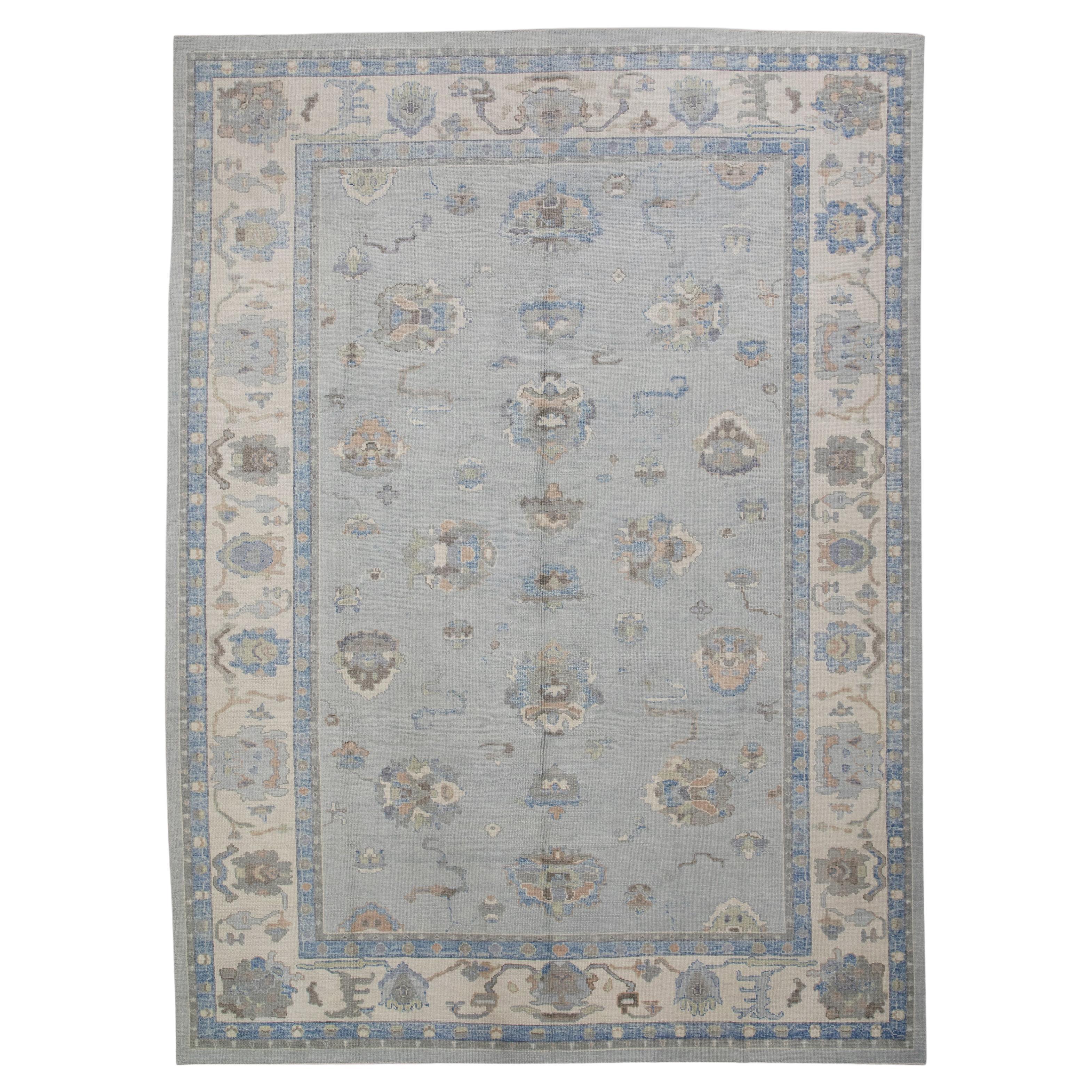 Alfombra Oushak Turca de Lana Tejida a Mano con Diseño Floral Azul 9'10" X 13'7