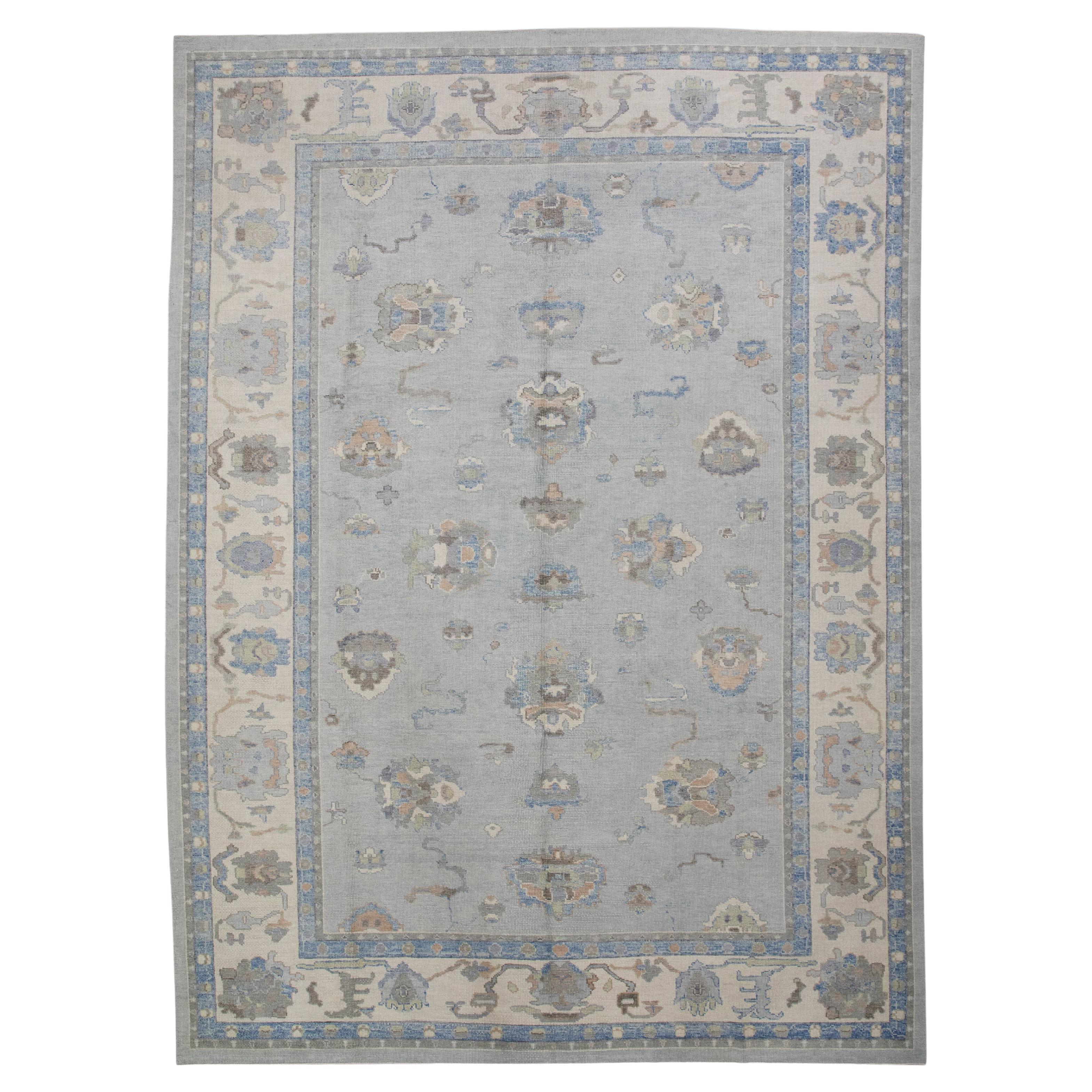 Blue Floral Design Handwoven Wool Turkish Oushak Rug 9'10" X 13'7"