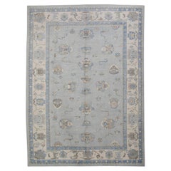 Blue Floral Design Handwoven Wool Turkish Oushak Rug 9'10" X 13'7"