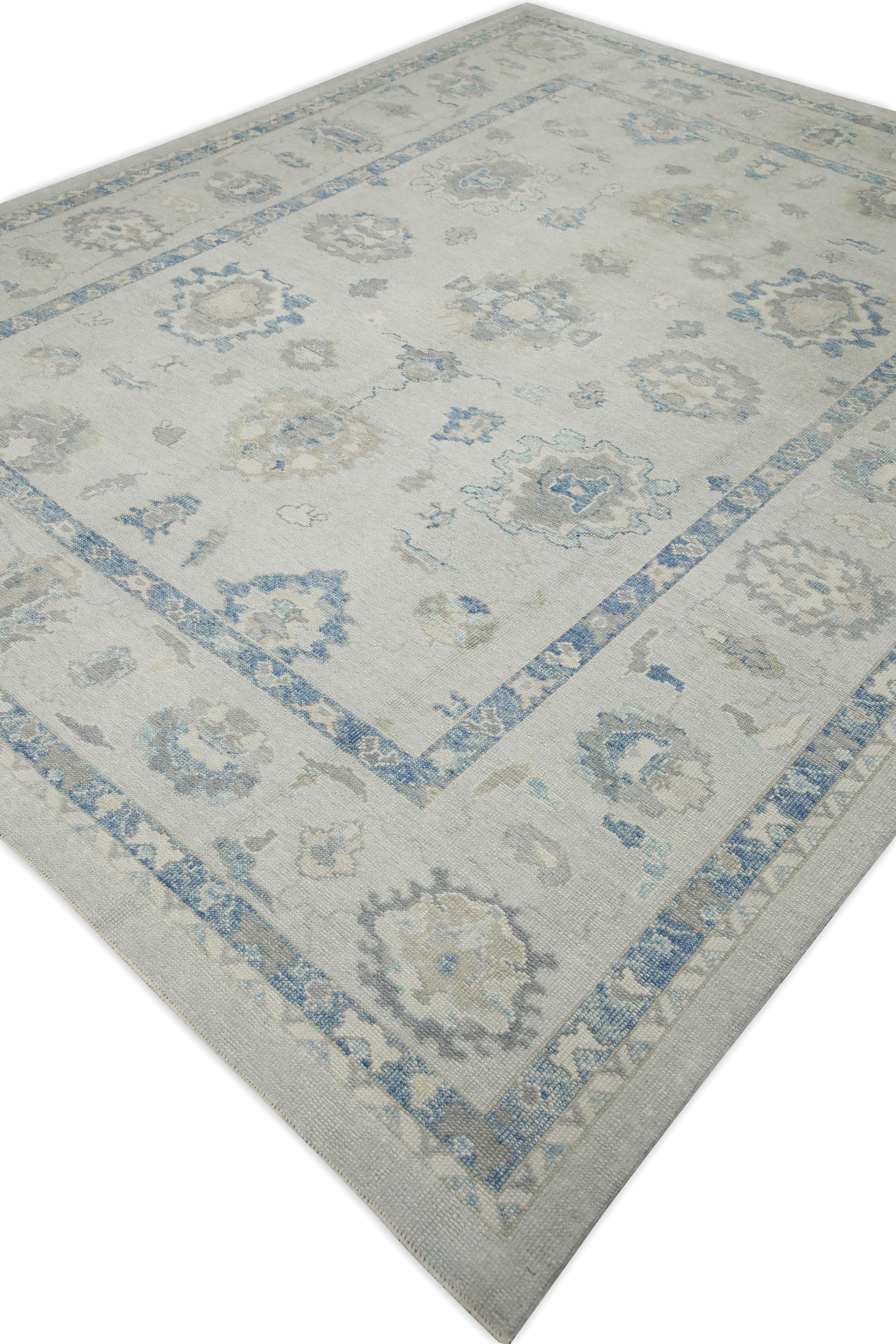 Contemporary Blue Floral Design Handwoven Wool Turkish Oushak Rug 9'4