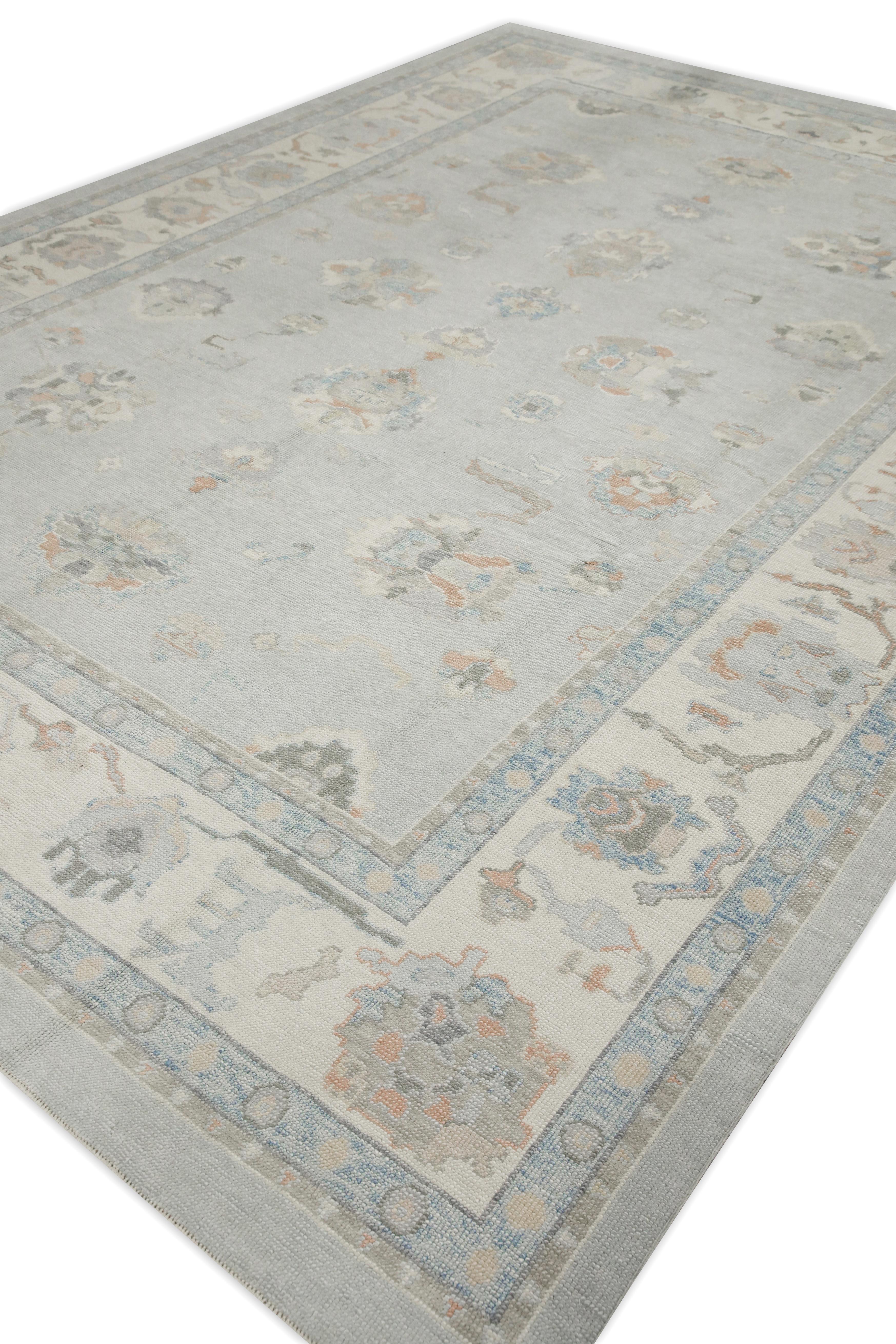 Contemporary Blue Floral Design Handwoven Wool Turkish Oushak Rug 9'8
