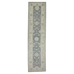 Blue Floral Design Handwoven Wool Turkish Oushak Runner