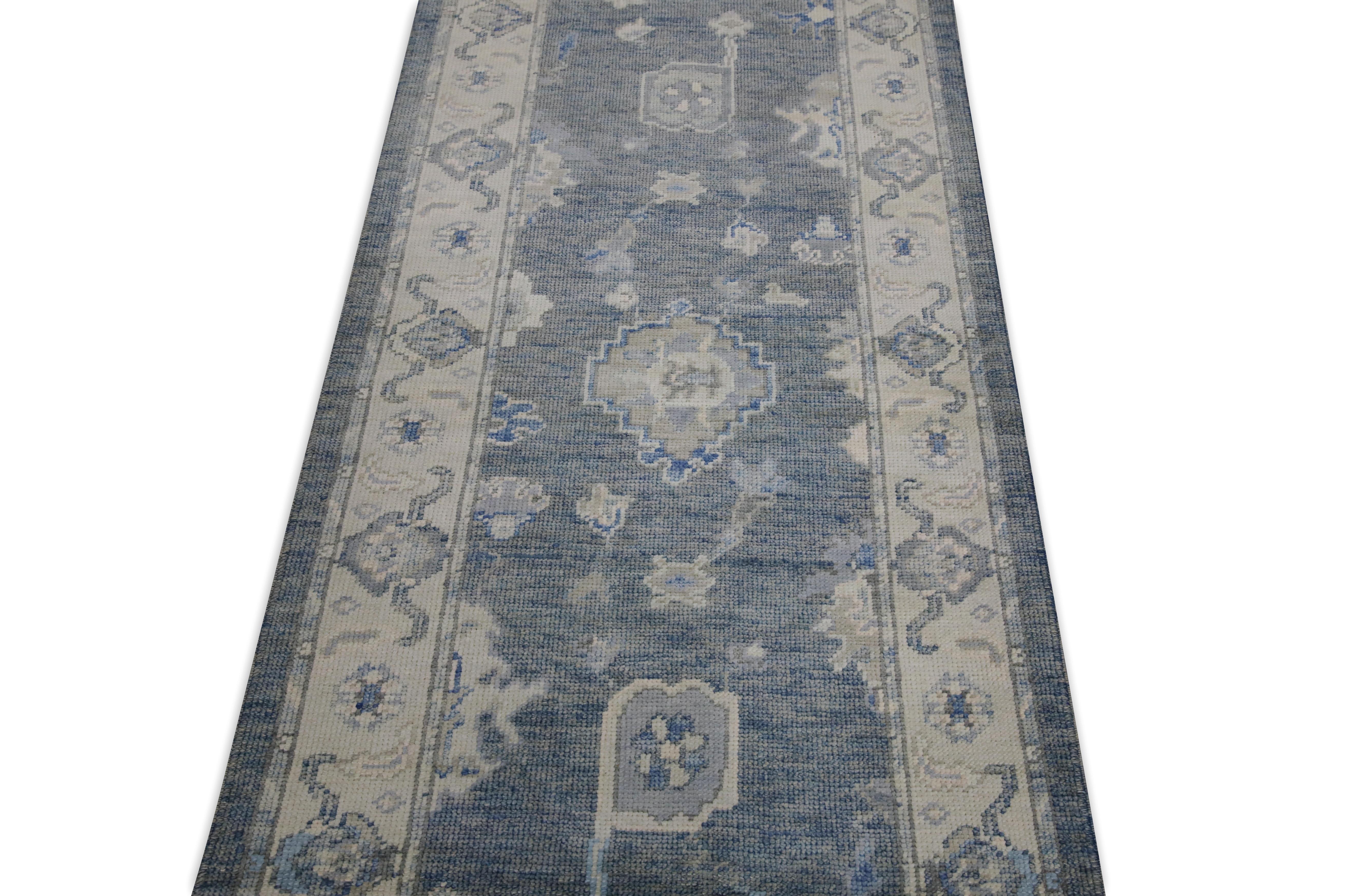 Contemporary Blue Floral Design Handwoven Wool Turkish Oushak Runner 2'10