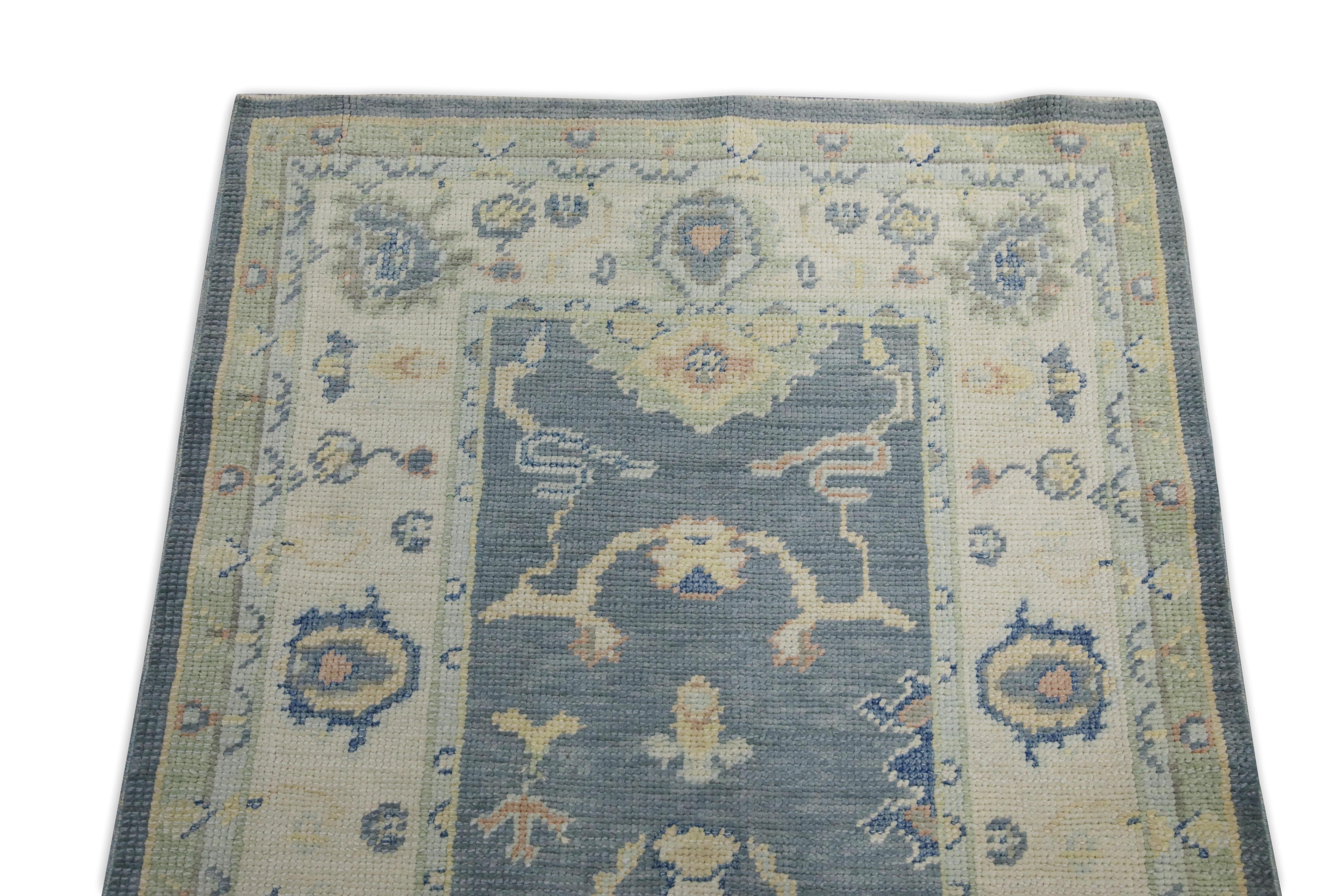 Blue Floral Design Handwoven Wool Turkish Oushak Runner 2'10