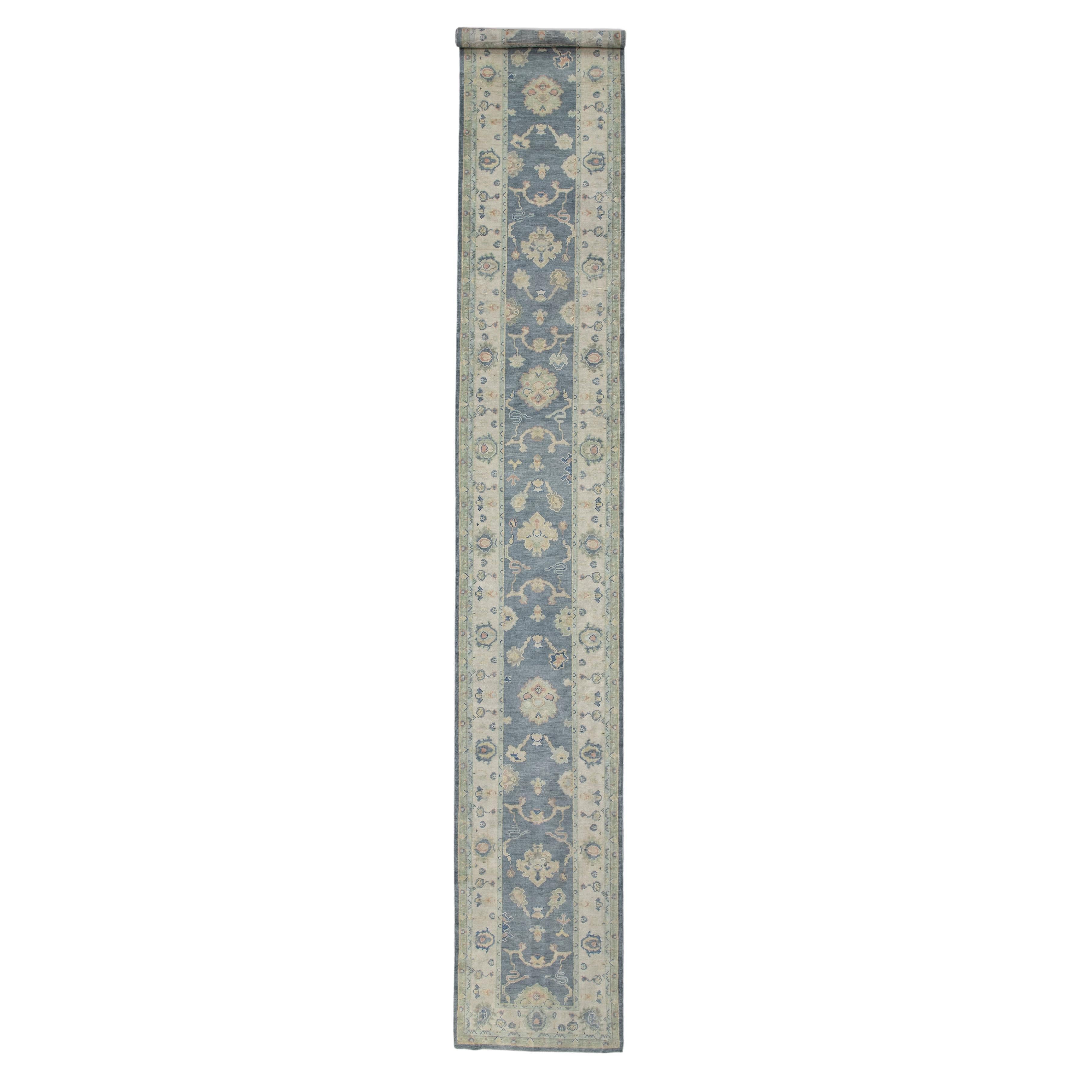 Blue Floral Design Handwoven Wool Turkish Oushak Runner 2'10" X 18'6" For Sale