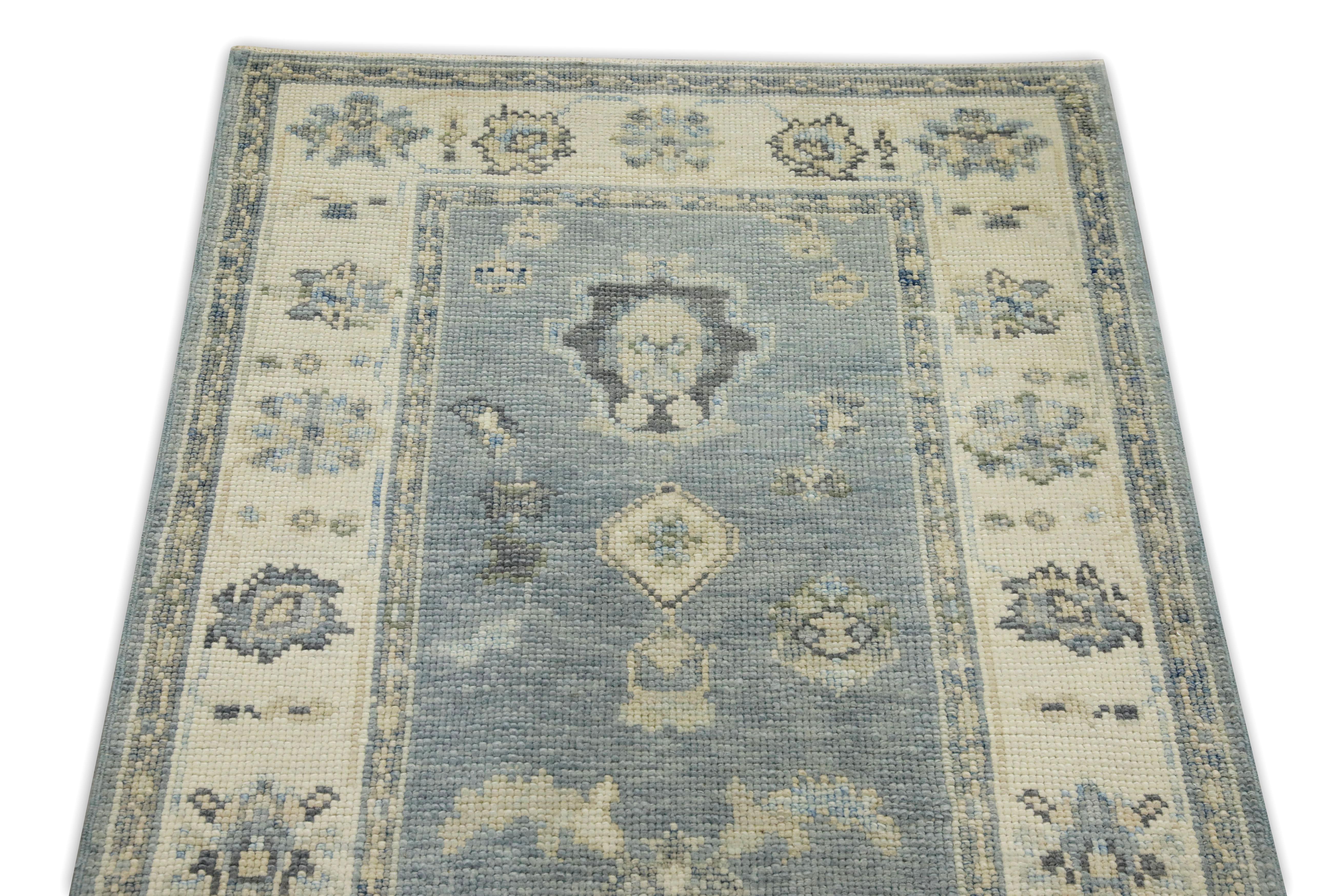 Blue Floral Design Handwoven Wool Turkish Oushak Runner In New Condition For Sale In Houston, TX
