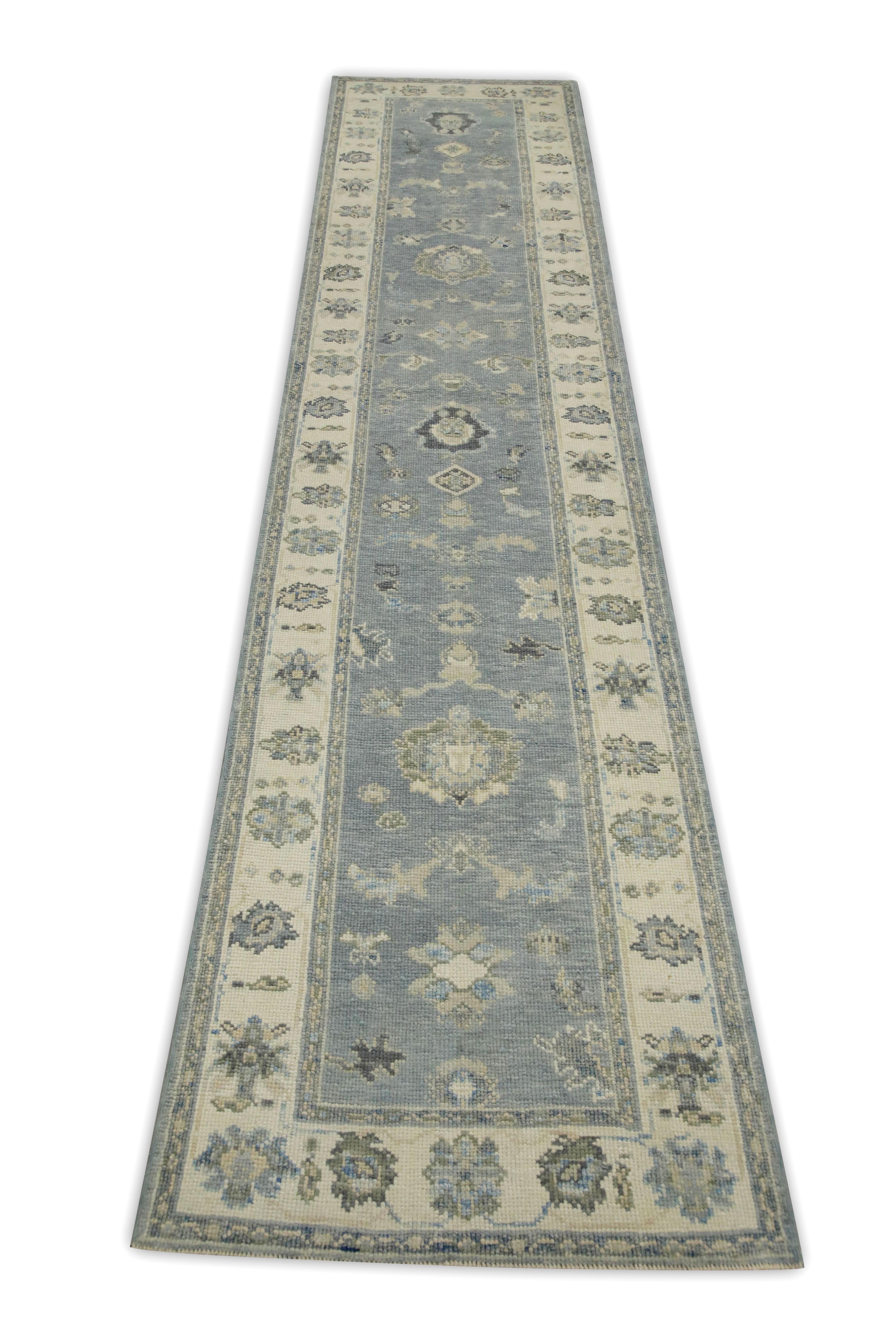 Contemporary Blue Floral Design Handwoven Wool Turkish Oushak Runner For Sale