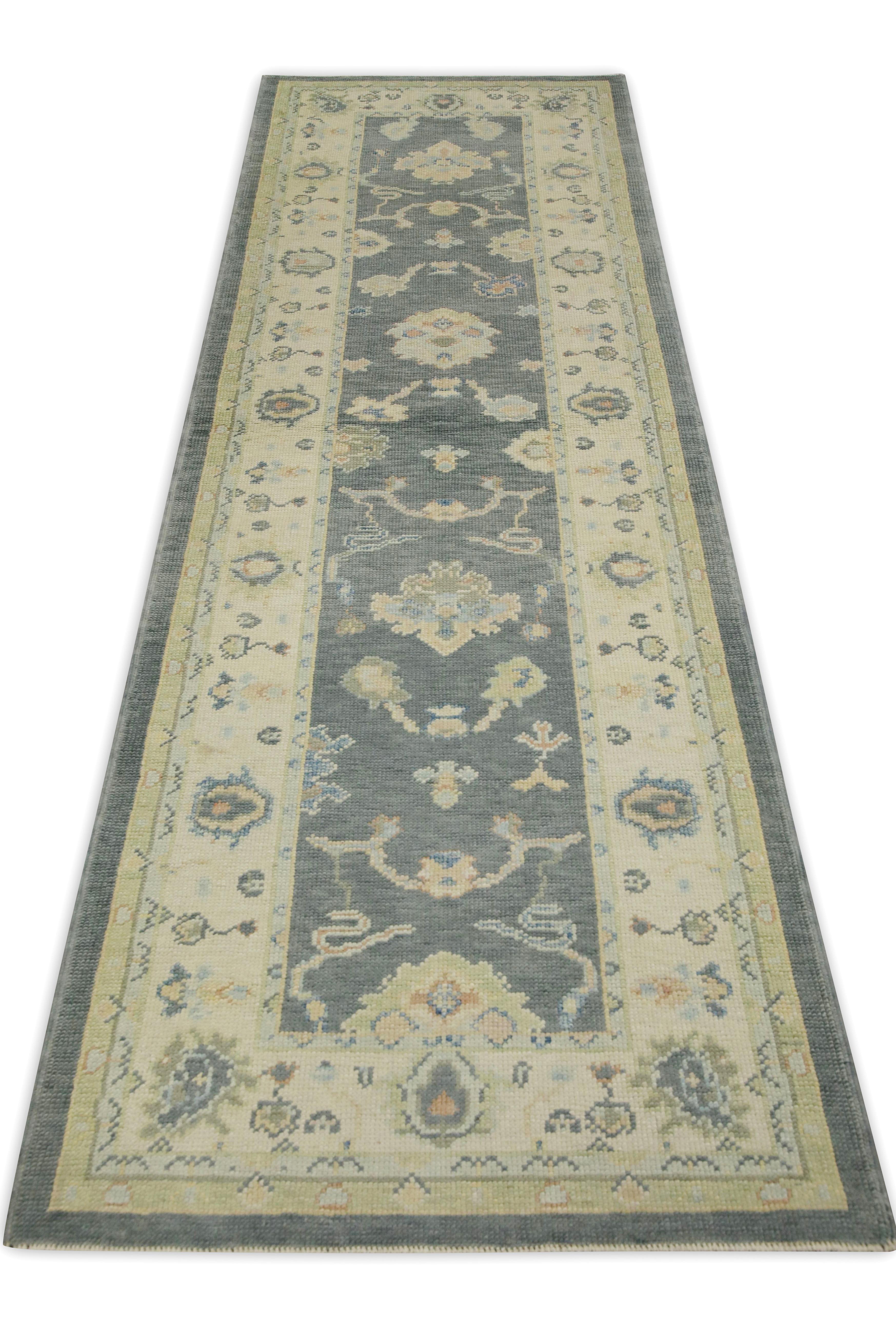 Contemporary Blue Floral Design Handwoven Wool Turkish Oushak Runner For Sale