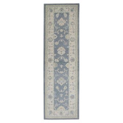 Blue Floral Design Handwoven Wool Turkish Oushak Runner