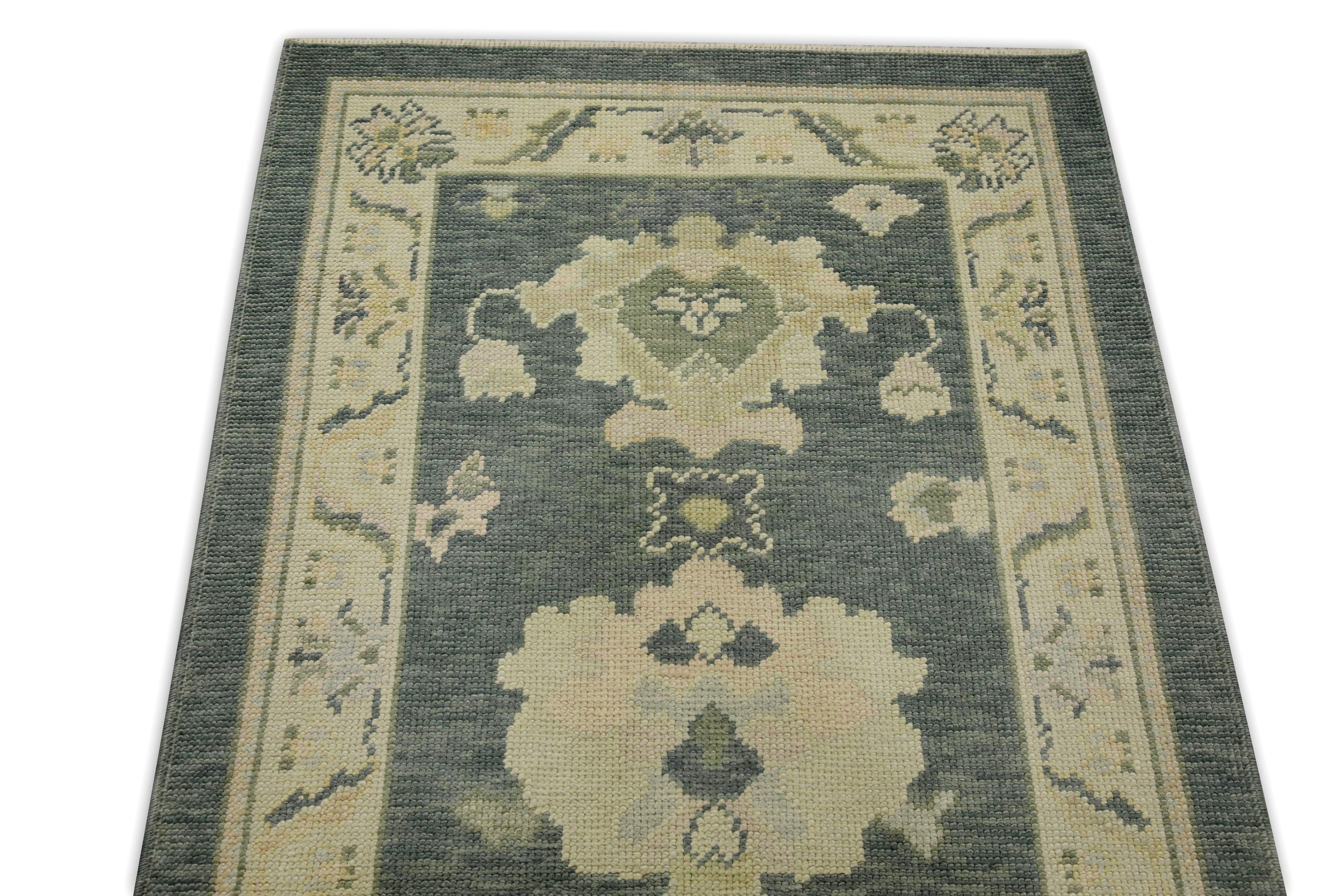 Blue Floral Design Handwoven Wool Turkish Oushak Runner In New Condition For Sale In Houston, TX