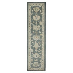 Blue Floral Design Handwoven Wool Turkish Oushak Runner