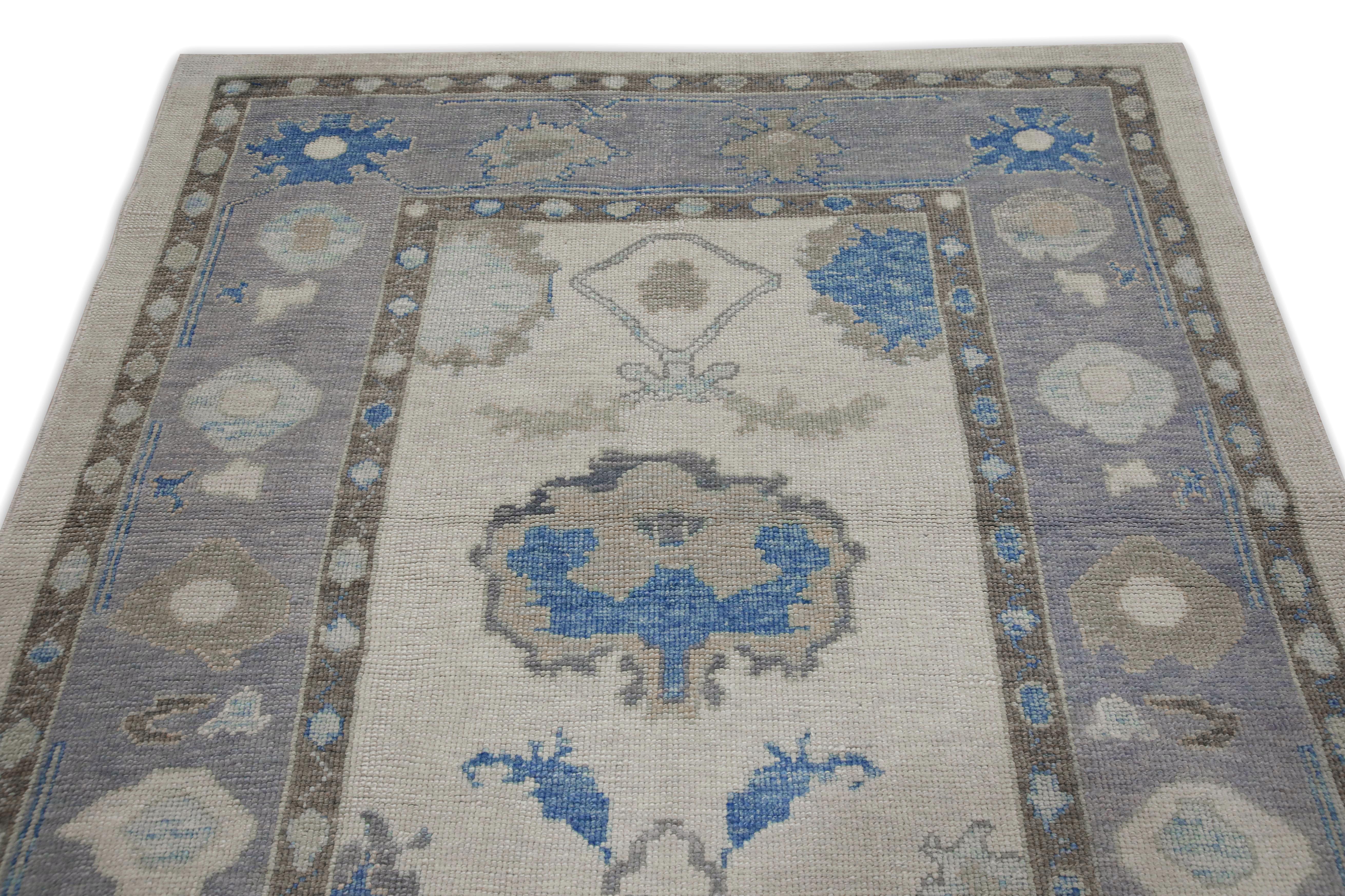 Blue Floral Design Handwoven Wool Turkish Oushak Runner 5'1