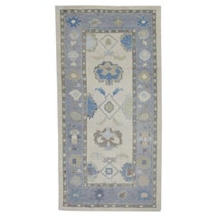 Blue Floral Design Handwoven Wool Turkish Oushak Runner 5'1" X 9'7"