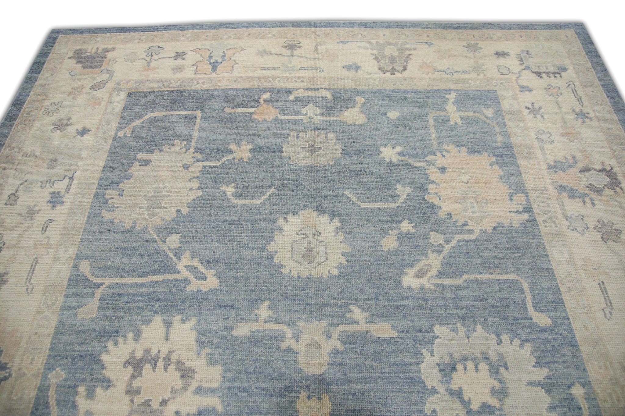 Alfombra Oushak Turca de Lana Tejida a Mano Floral Azul 8'1