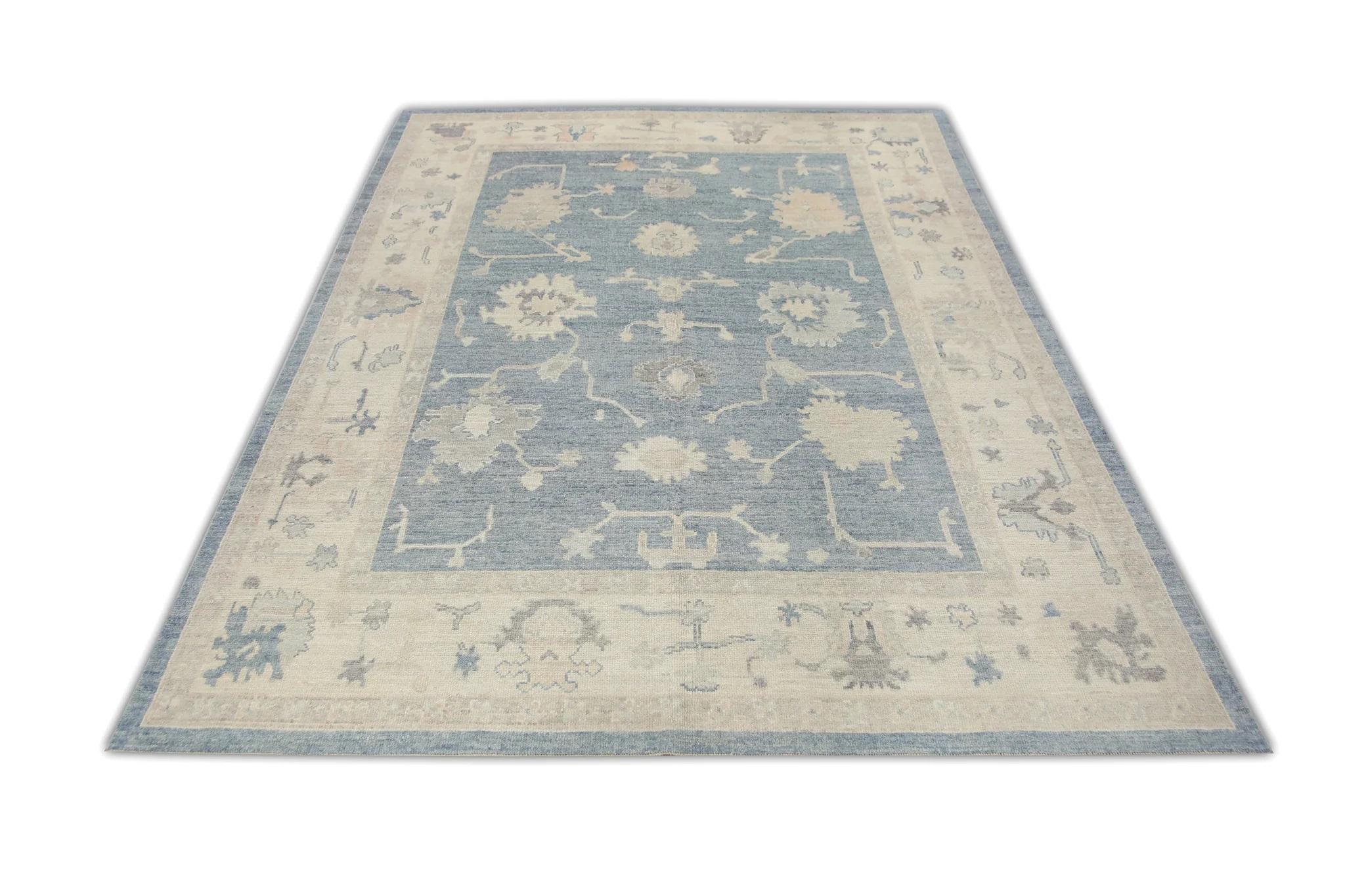 Alfombra Oushak Turca de Lana Tejida a Mano Floral Azul 8'1