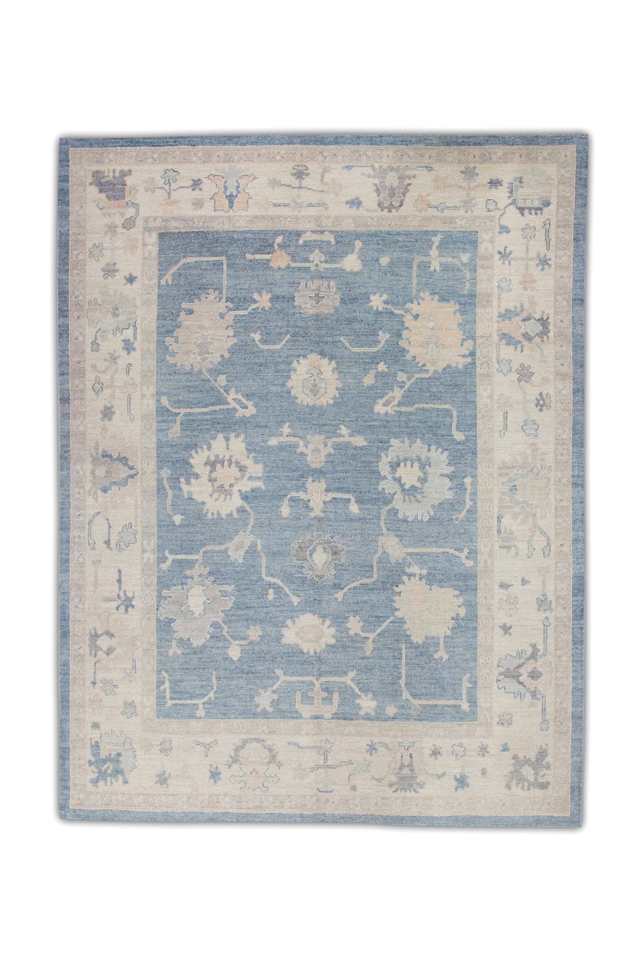 Alfombra Oushak Turca de Lana Tejida a Mano Floral Azul 8'1