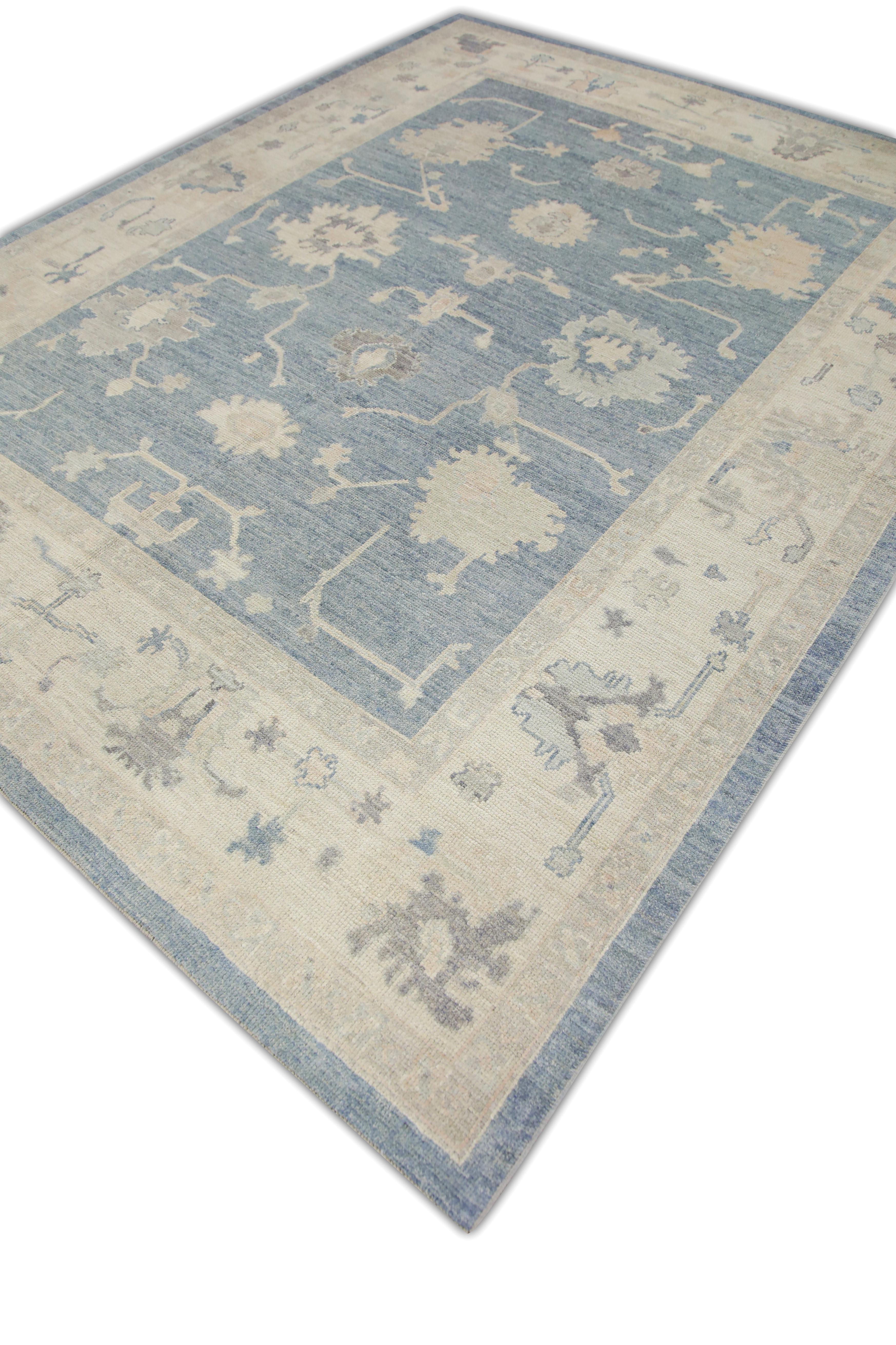 Alfombra Oushak Turca de Lana Tejida a Mano Floral Azul 8'1