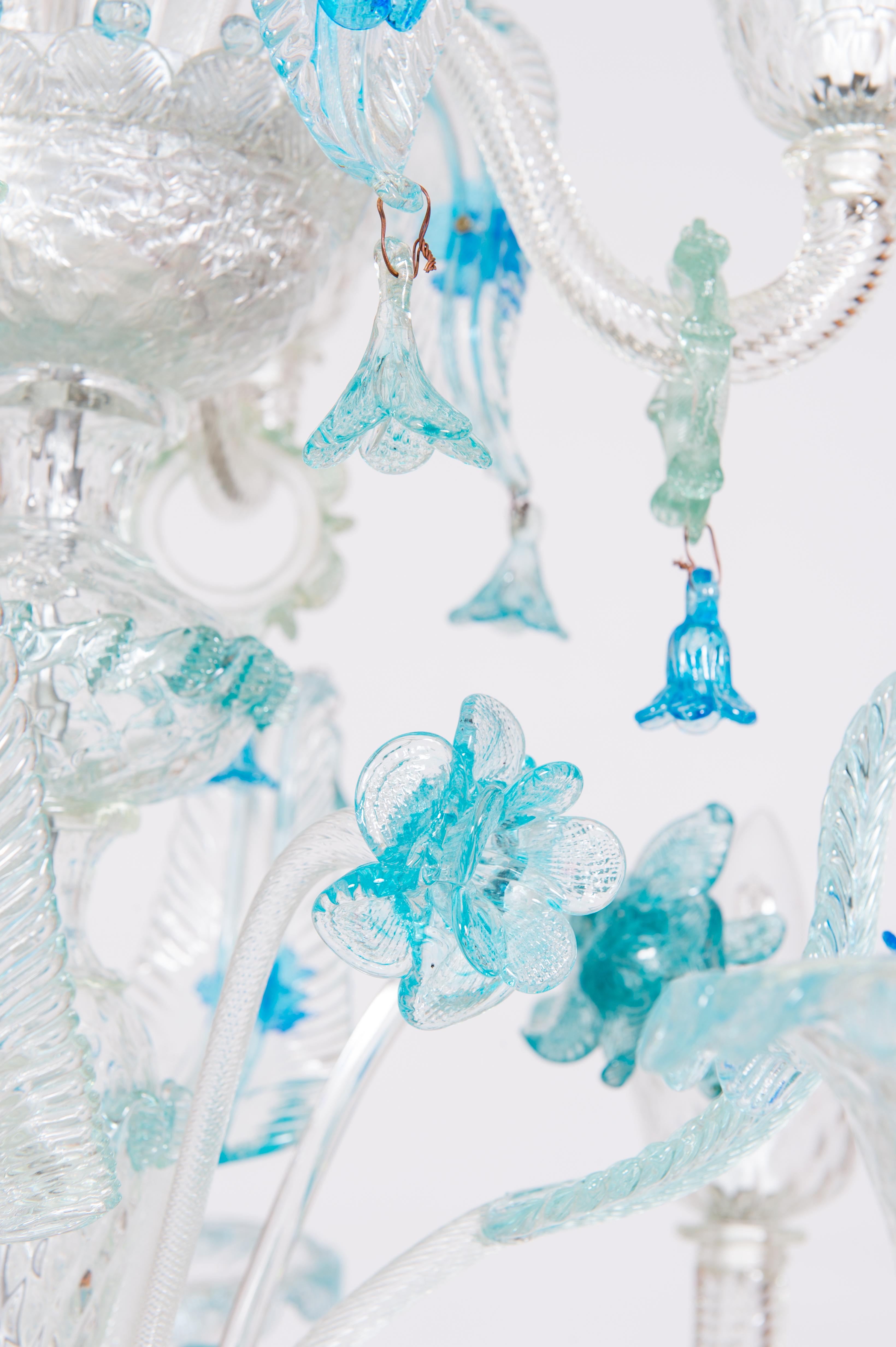 Double Tiered Murano Glass Chandelier in vivid Blue Floral Patterns 1990s Italy For Sale 3