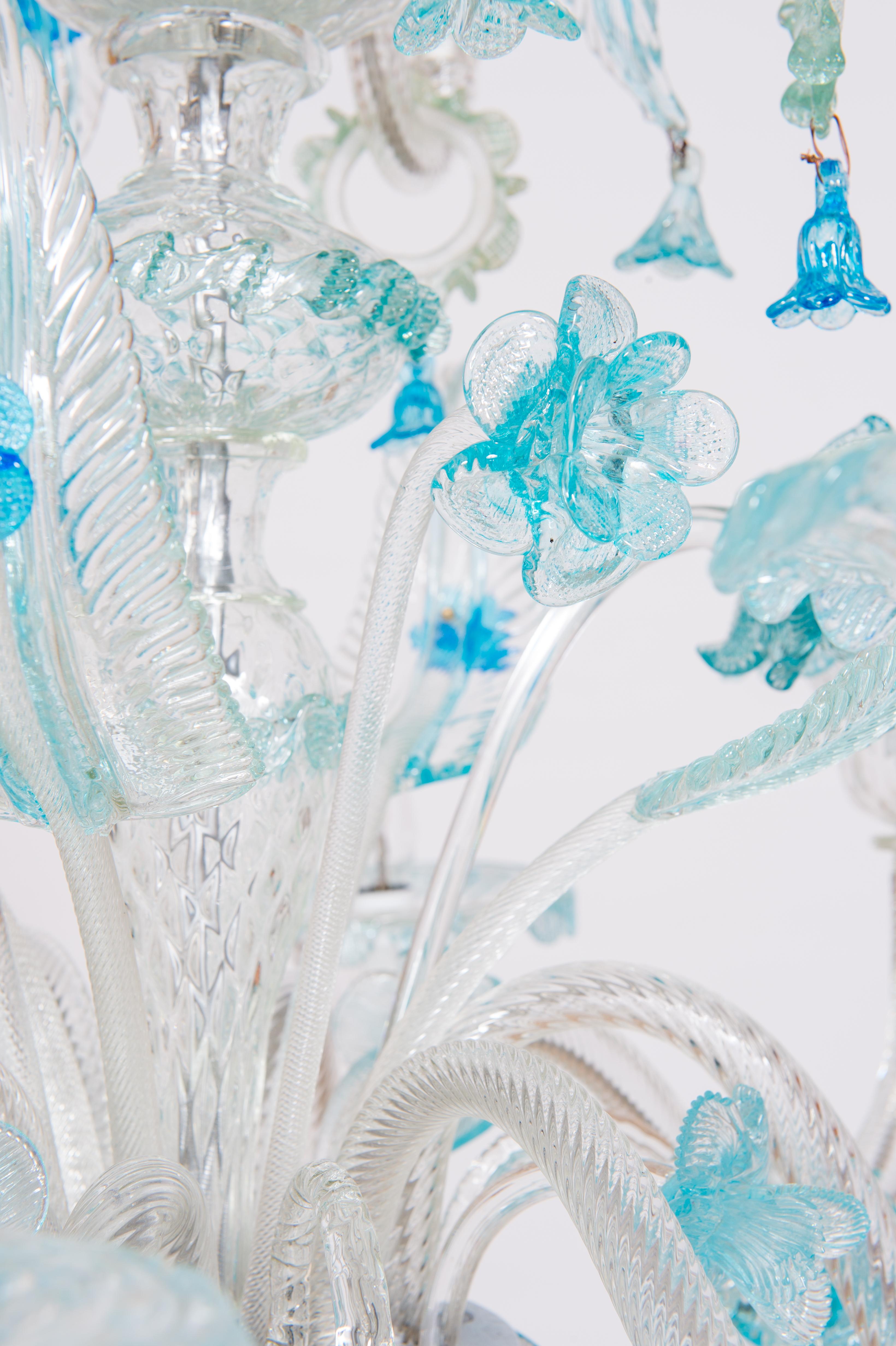 Double Tiered Murano Glass Chandelier in vivid Blue Floral Patterns 1990s Italy For Sale 6