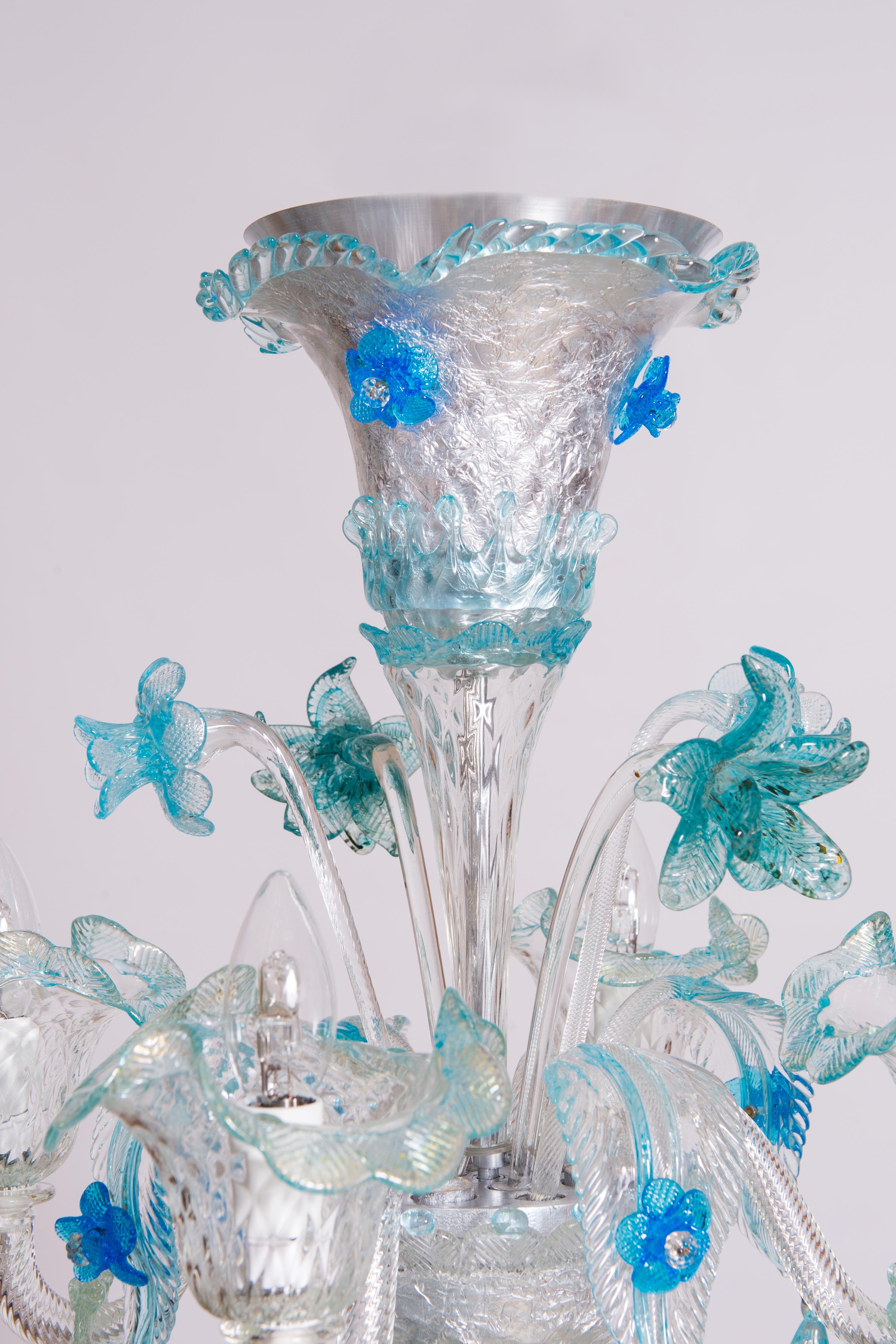 Double Tiered Murano Glass Chandelier in vivid Blue Floral Patterns 1990s Italy For Sale 9