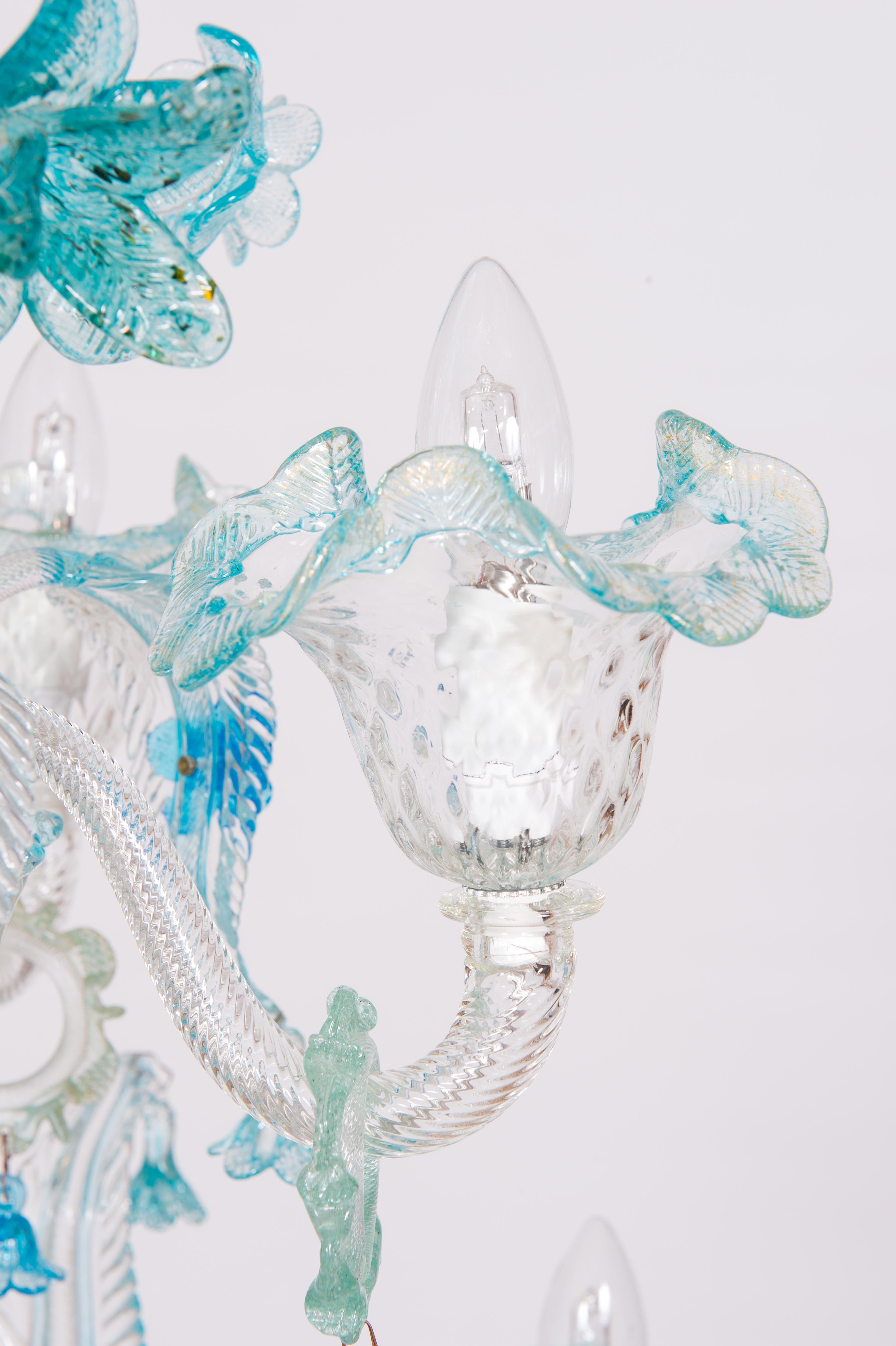 Double Tiered Murano Glass Chandelier in vivid Blue Floral Patterns 1990s Italy For Sale 11