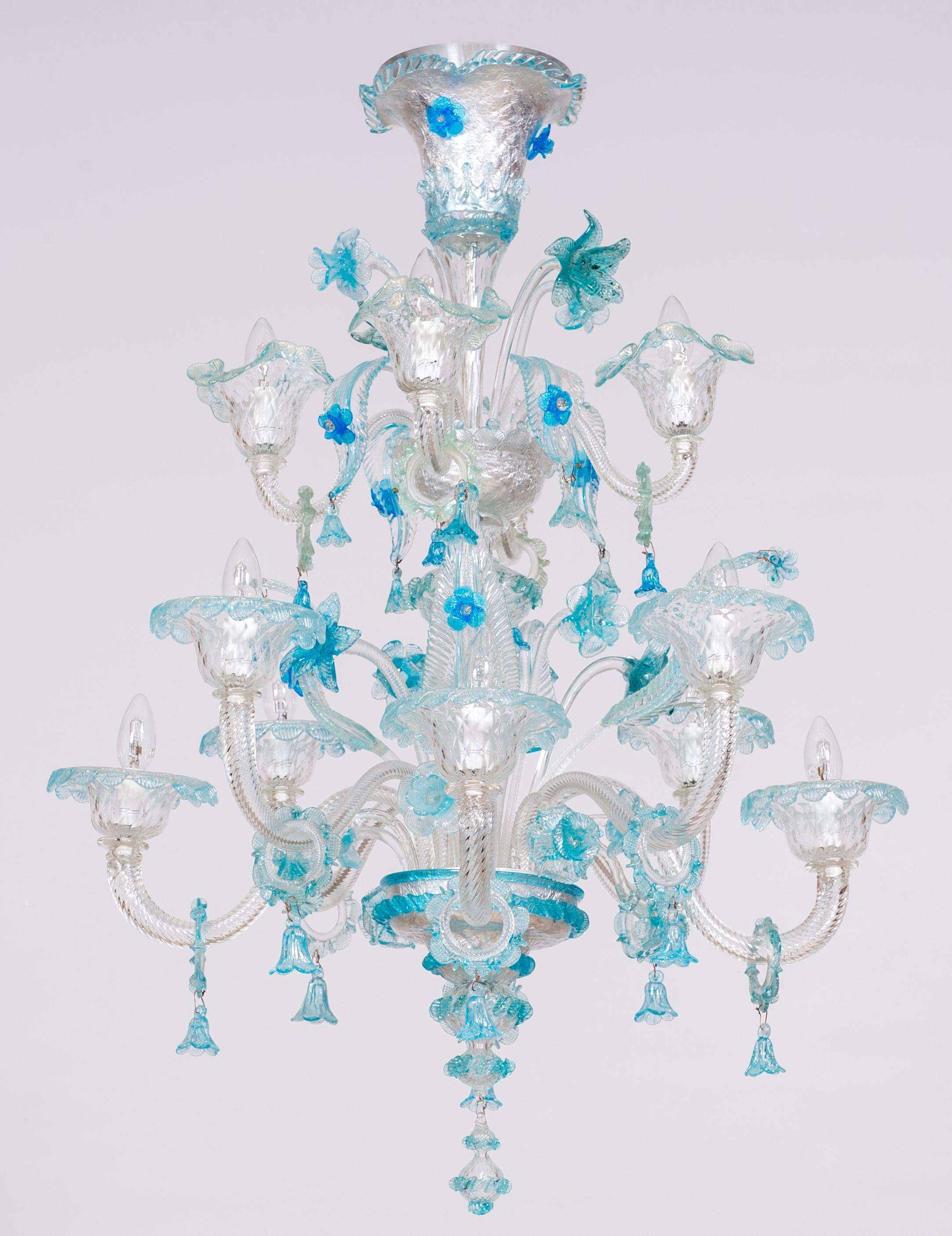 Doppelstöckiger Kronleuchter aus Murano-Glas mit lebhaften blauen Blumenmustern aus dem Italien der 1990er Jahre.
Majestätischer doppelstöckiger Murano-Glaskronleuchter mit exquisitem blauem Blumendesign
Dieser exquisite Kronleuchter verkörpert das