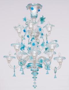 Double Tiered Murano Glass Chandelier in vivid Blue Floral Patterns 1990s Italy