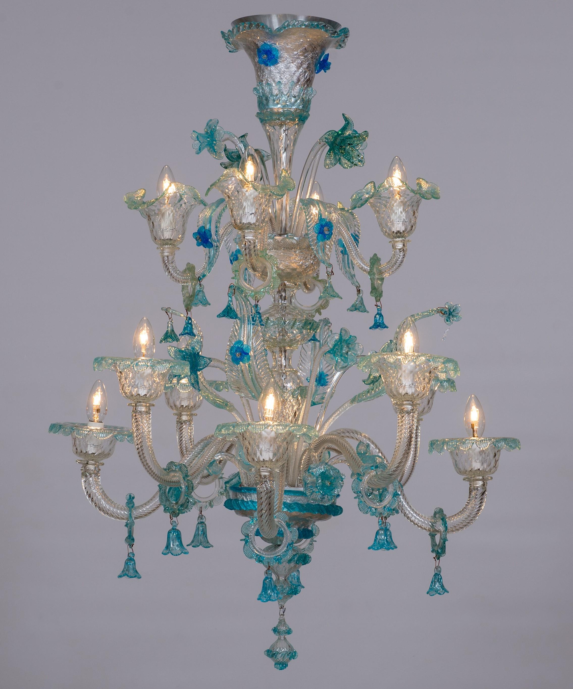 Double Tiered Murano Glass Chandelier in vivid Blue Floral Patterns 1990s Italy For Sale 13