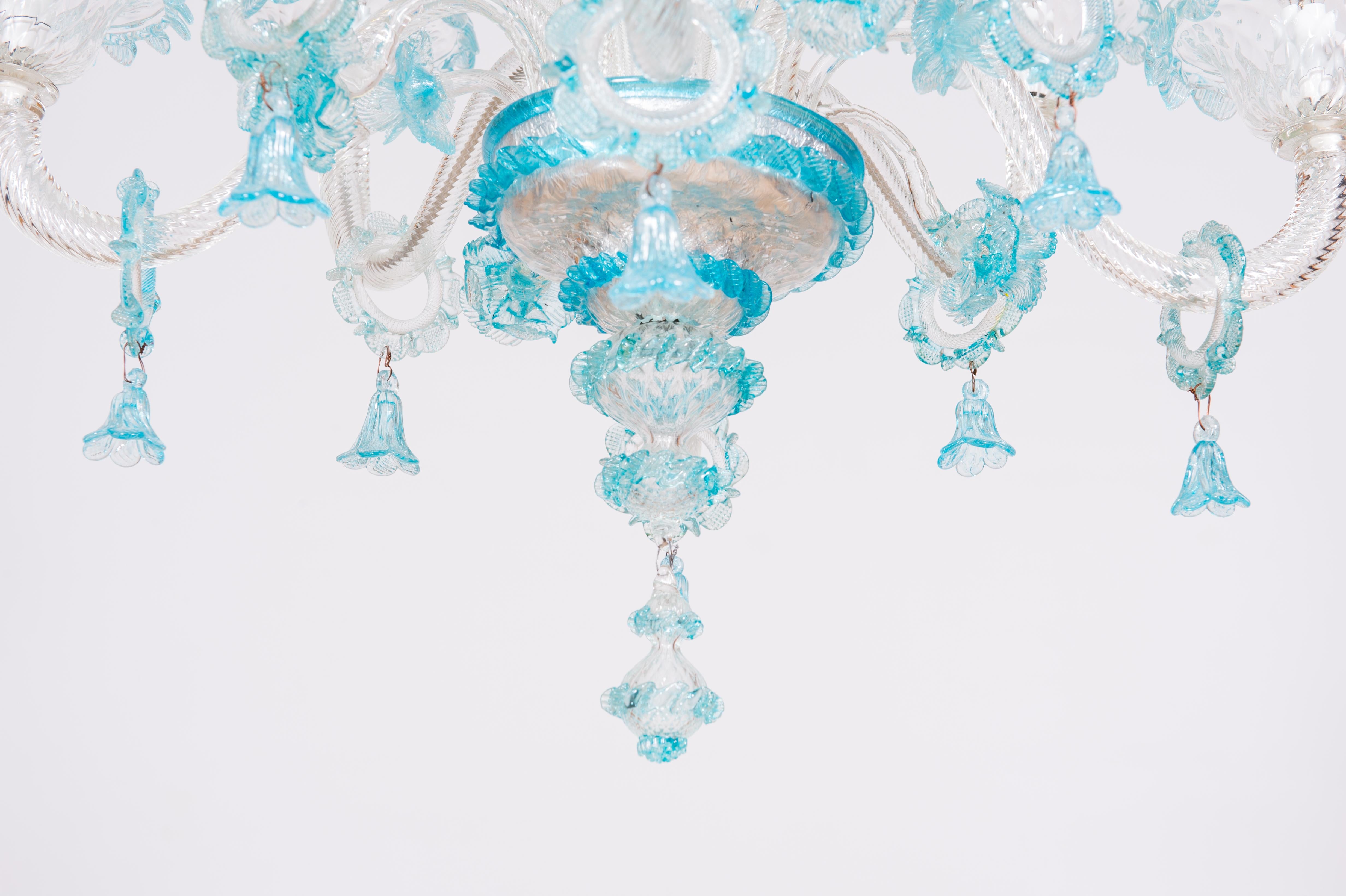 Mid-Century Modern Double Tiered Murano Glass Chandelier in vivid Blue Floral Patterns 1990s Italy For Sale