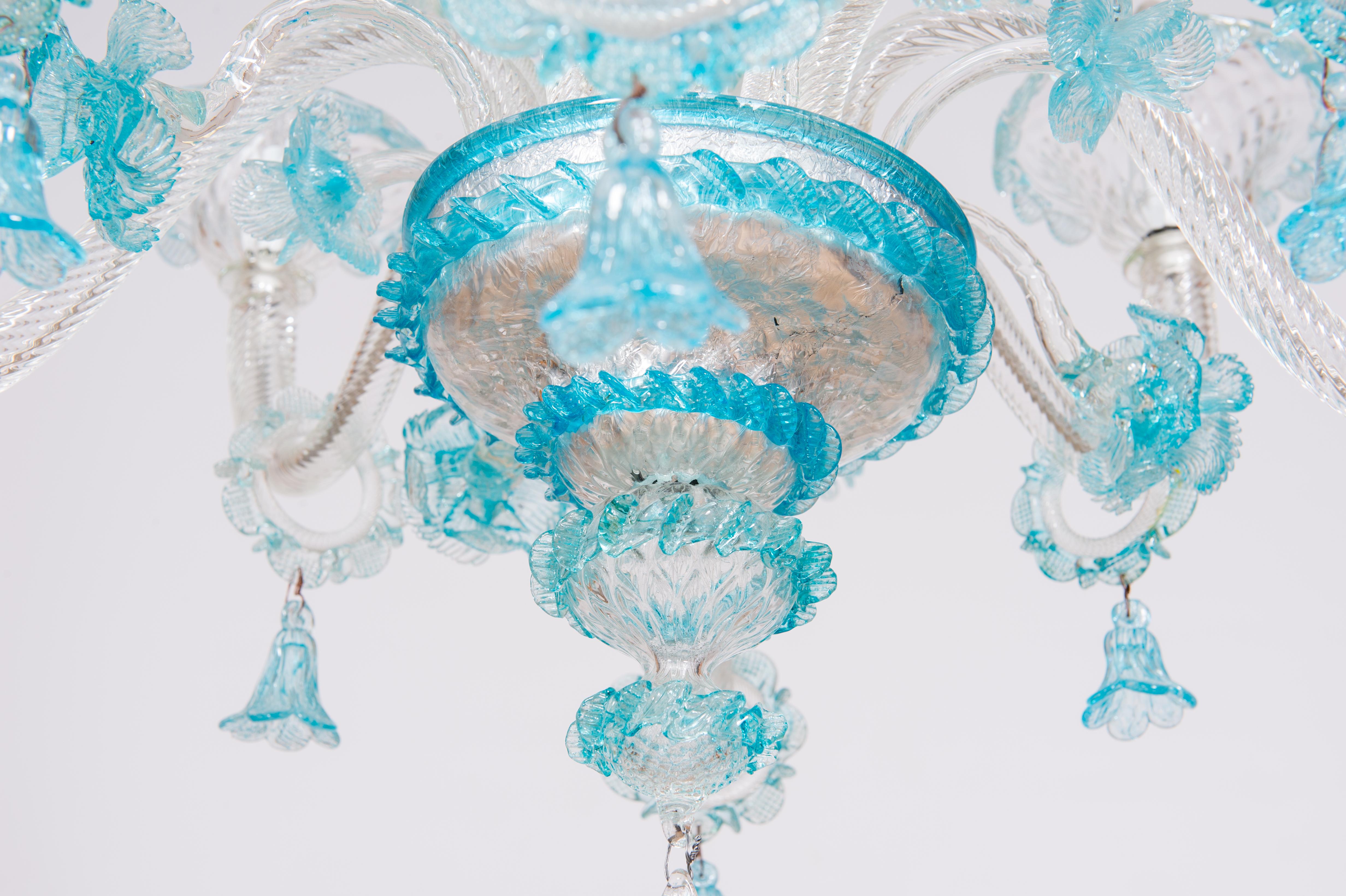 Italian Double Tiered Murano Glass Chandelier in vivid Blue Floral Patterns 1990s Italy For Sale