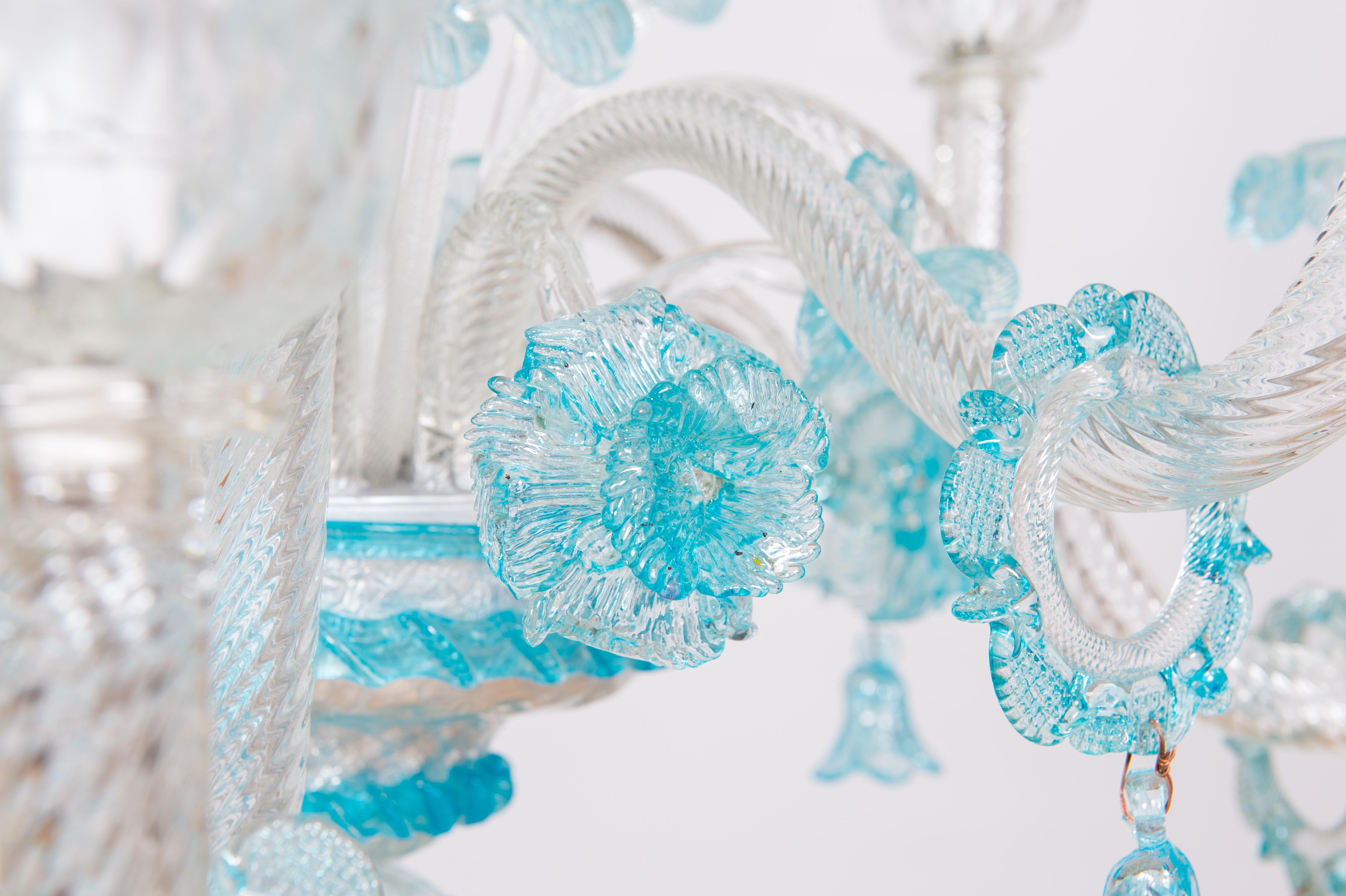 Late 20th Century Double Tiered Murano Glass Chandelier in vivid Blue Floral Patterns 1990s Italy For Sale