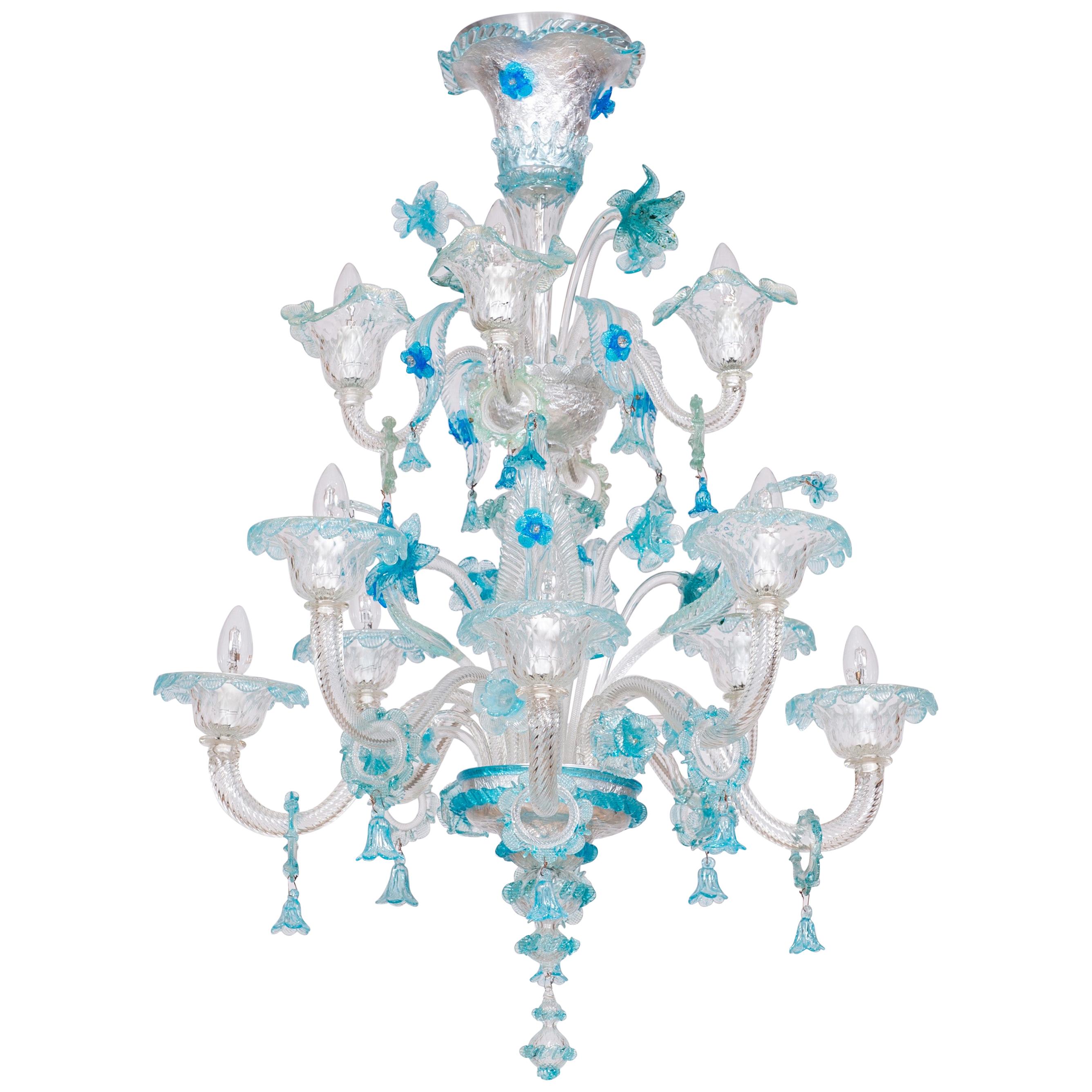 Double Tiered Murano Glass Chandelier in vivid Blue Floral Patterns 1990s Italy For Sale