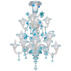 Lustre à deux étages en verre de Murano à motifs floraux bleu vif années 1990 Italie