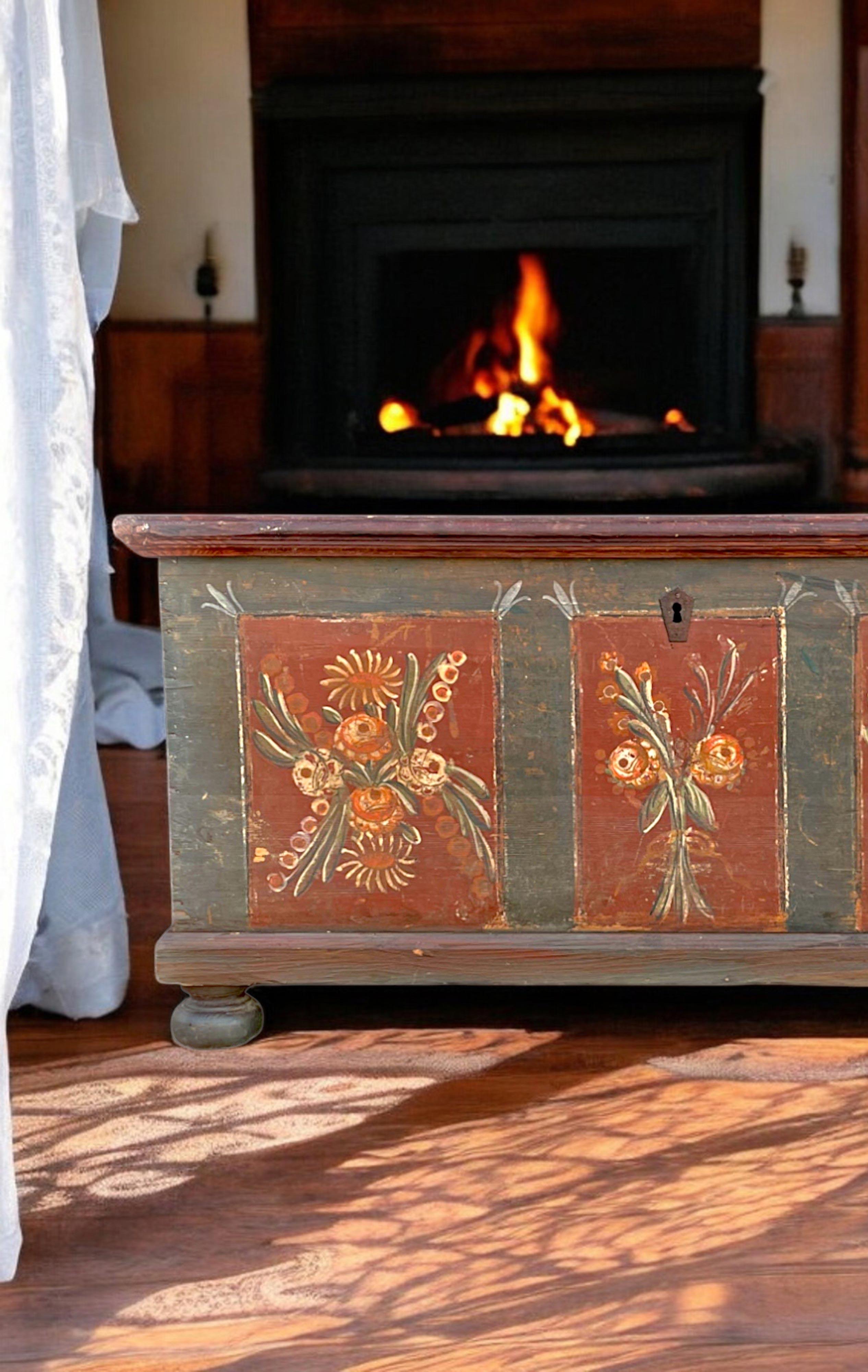 Other Blue Floral Painted Alpine Blanket Chest For Sale