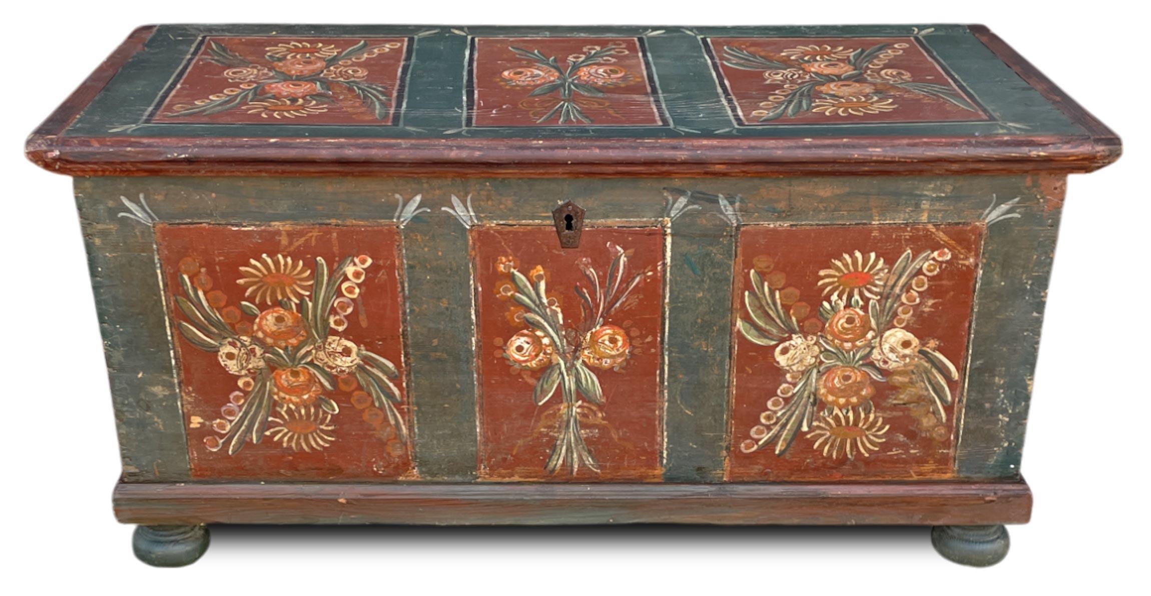 Italian Blue Floral Painted Alpine Blanket Chest For Sale