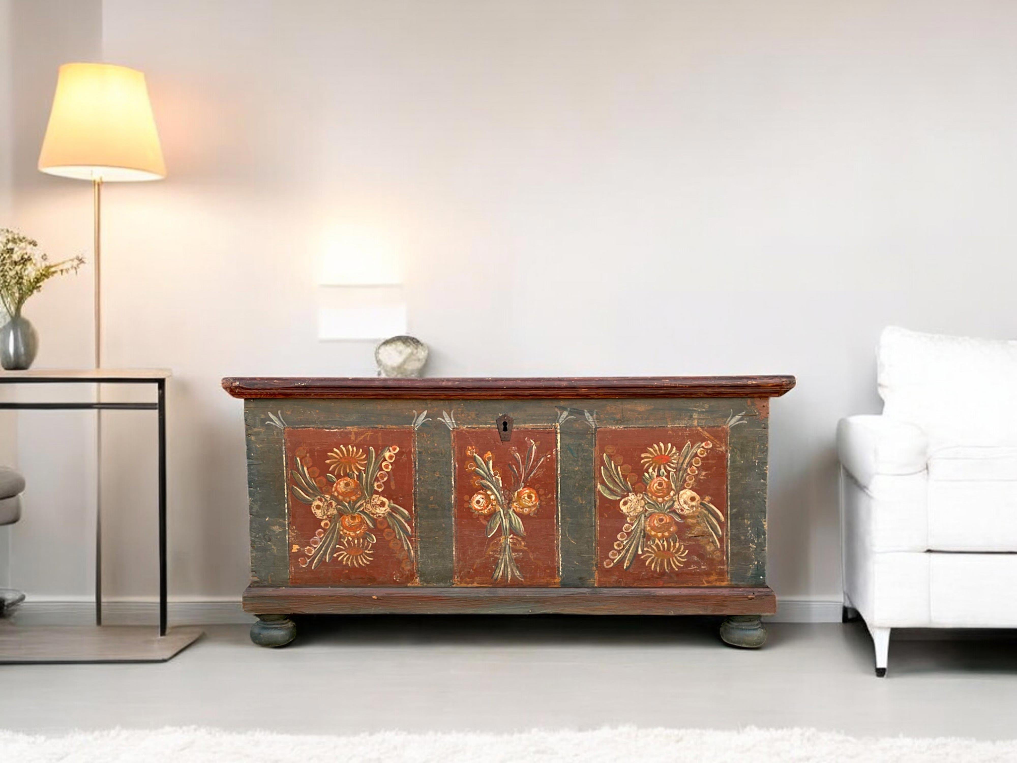 Hand-Painted Blue Floral Painted Alpine Blanket Chest For Sale