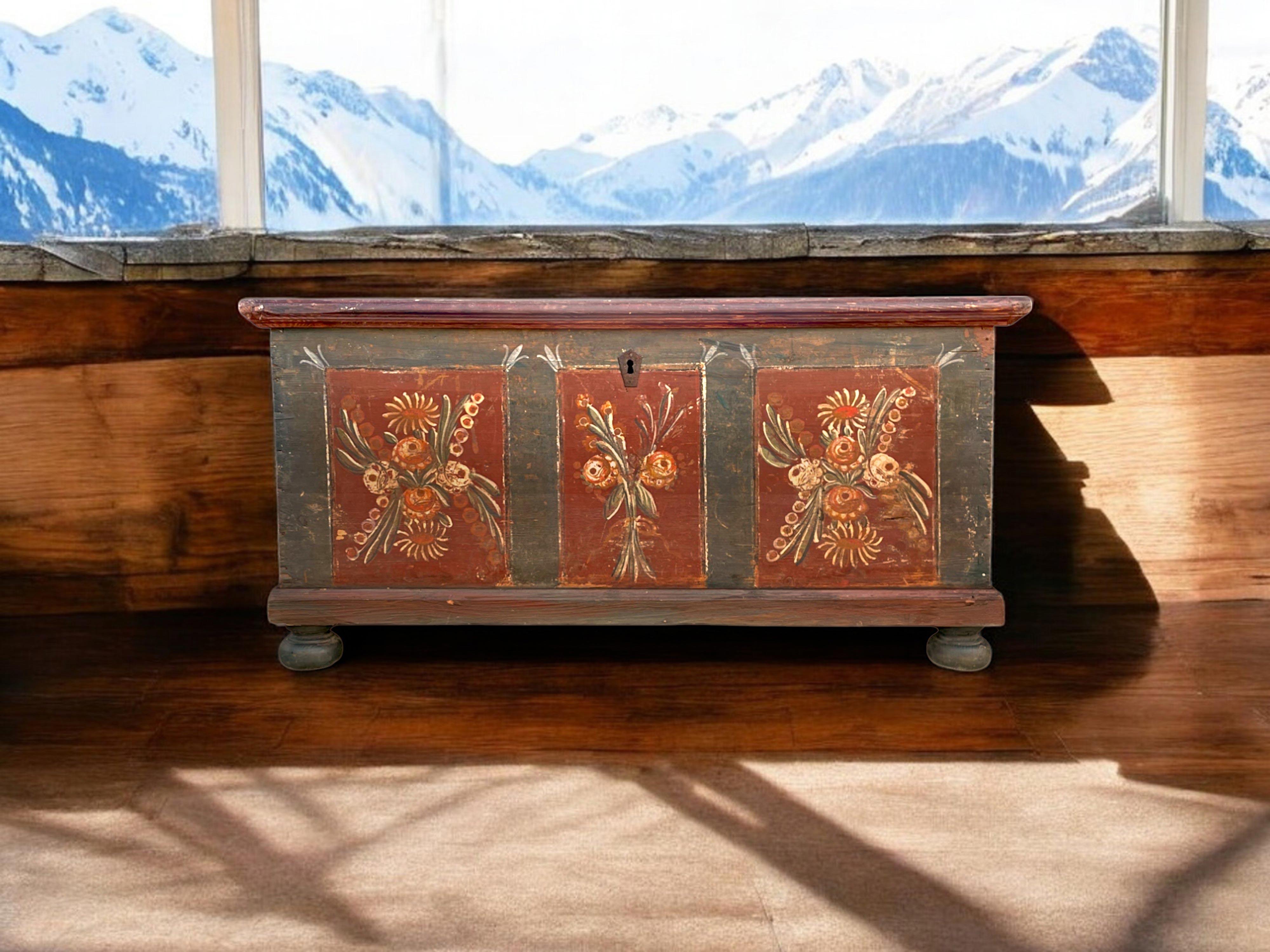 Mid-19th Century Blue Floral Painted Alpine Blanket Chest For Sale