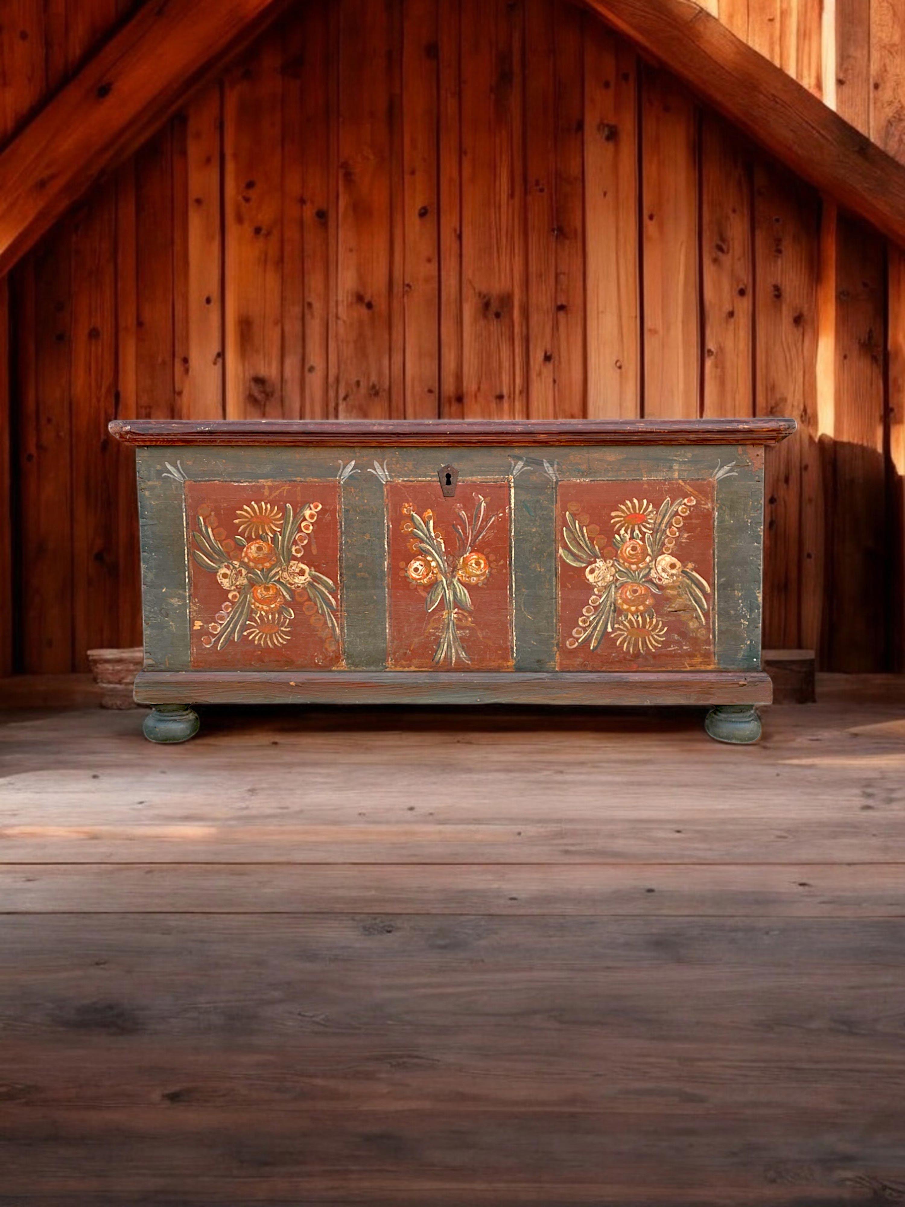 Fir Blue Floral Painted Alpine Blanket Chest For Sale