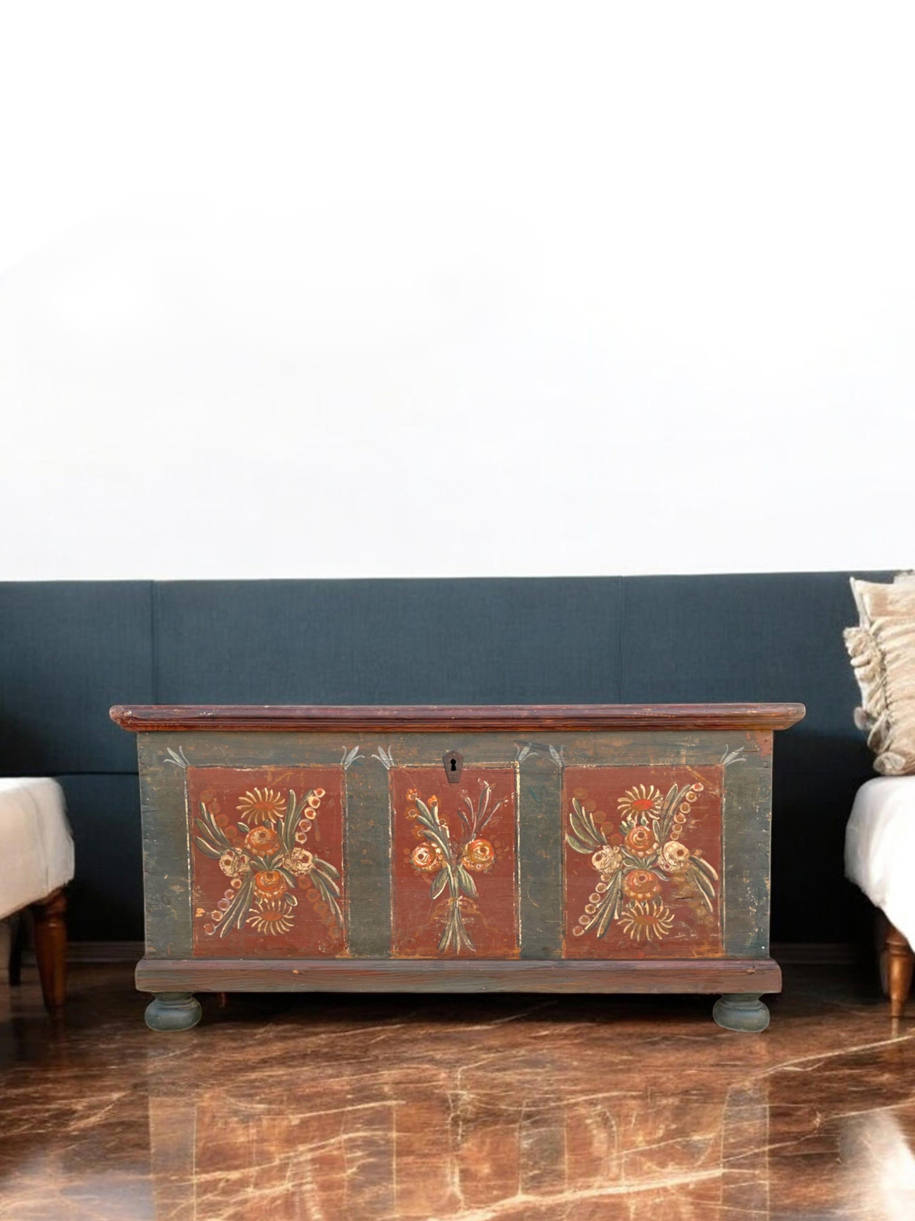 Blue Floral Painted Alpine Blanket Chest For Sale 1