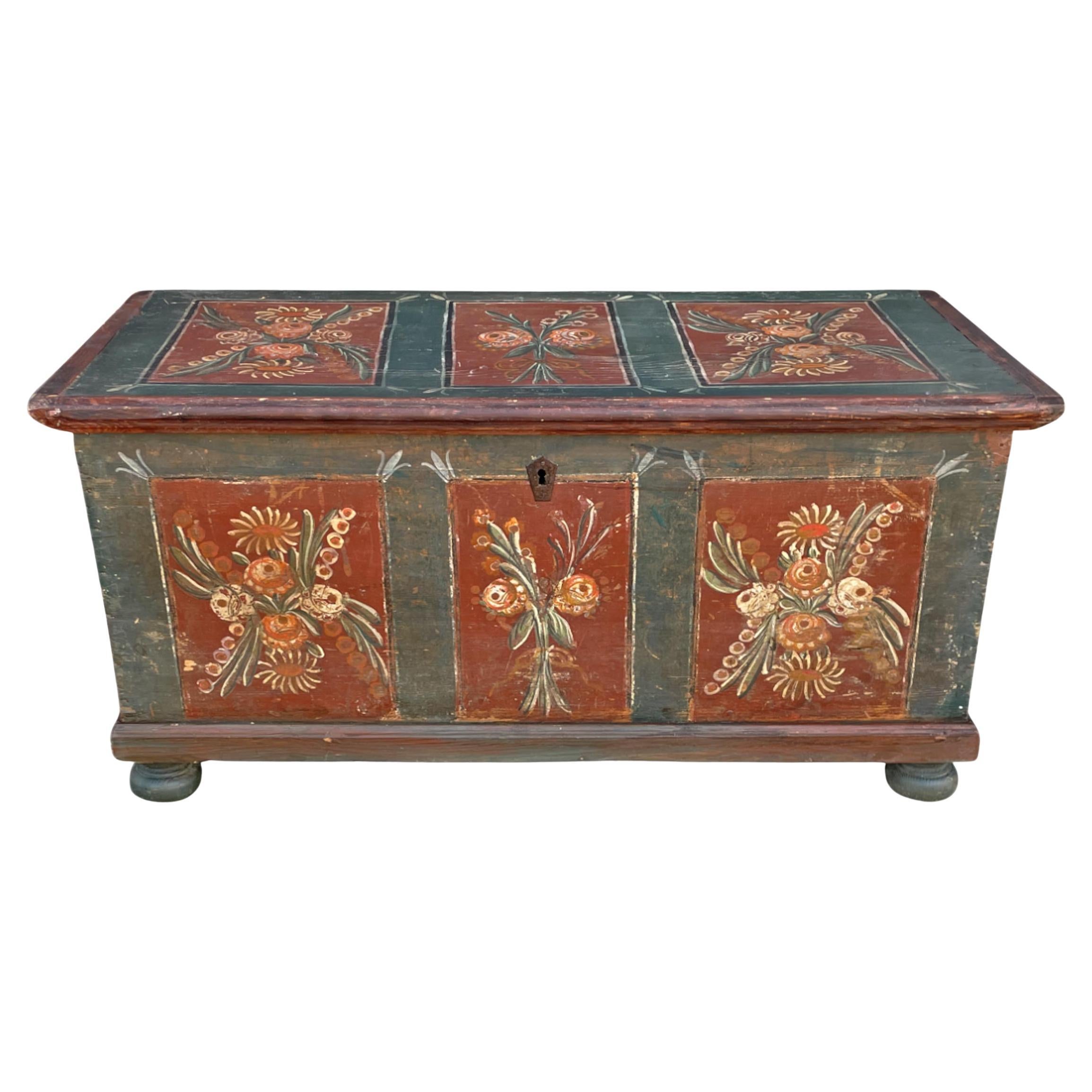 Blue Floral Painted Alpine Blanket Chest For Sale