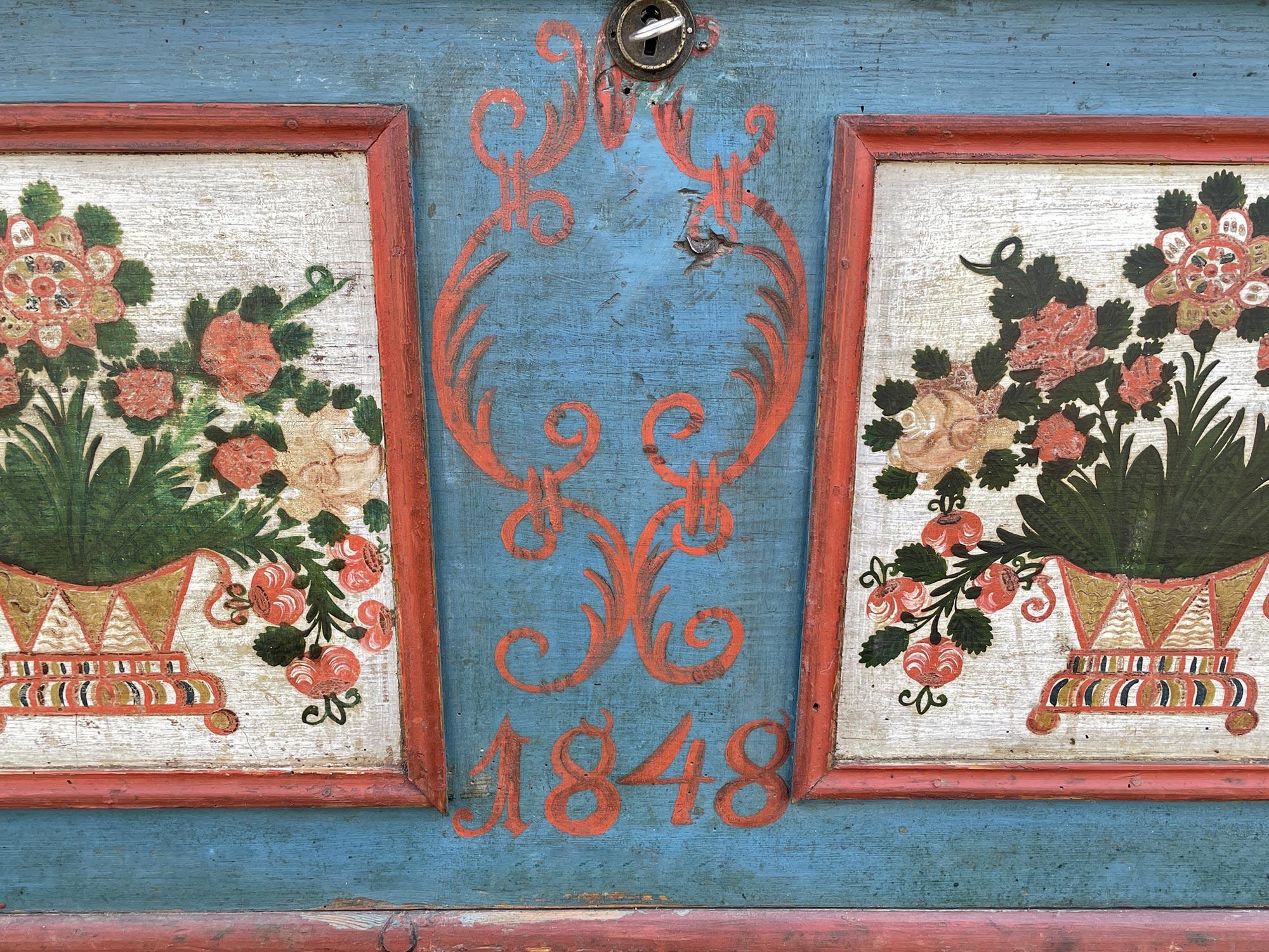 Blue Floral Painted Chest dated 1848   For Sale 3