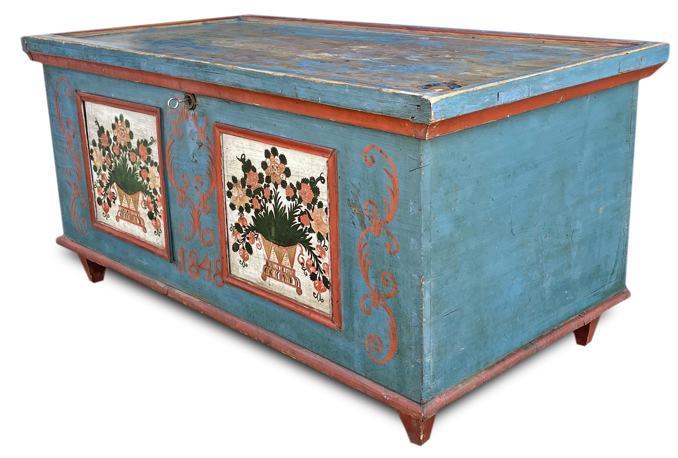 Folk Art Blue Floral Painted Chest dated 1848   For Sale