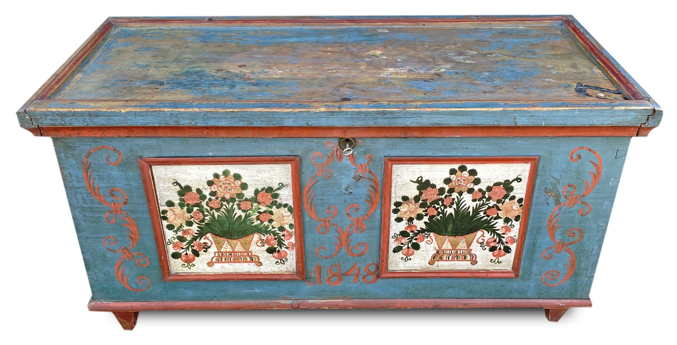 Italian Blue Floral Painted Chest dated 1848   For Sale
