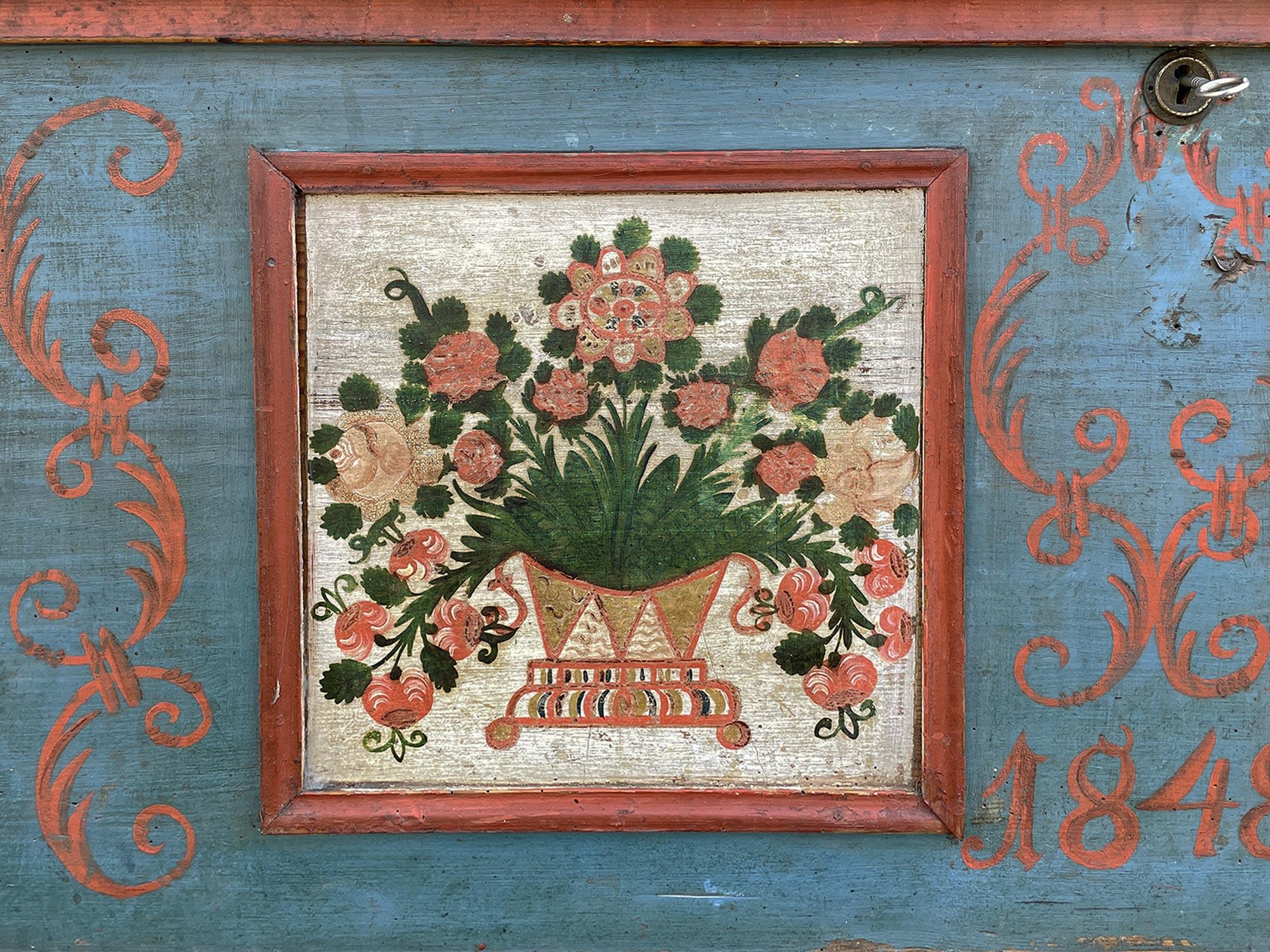 Blue Floral Painted Chest dated 1848   For Sale 2