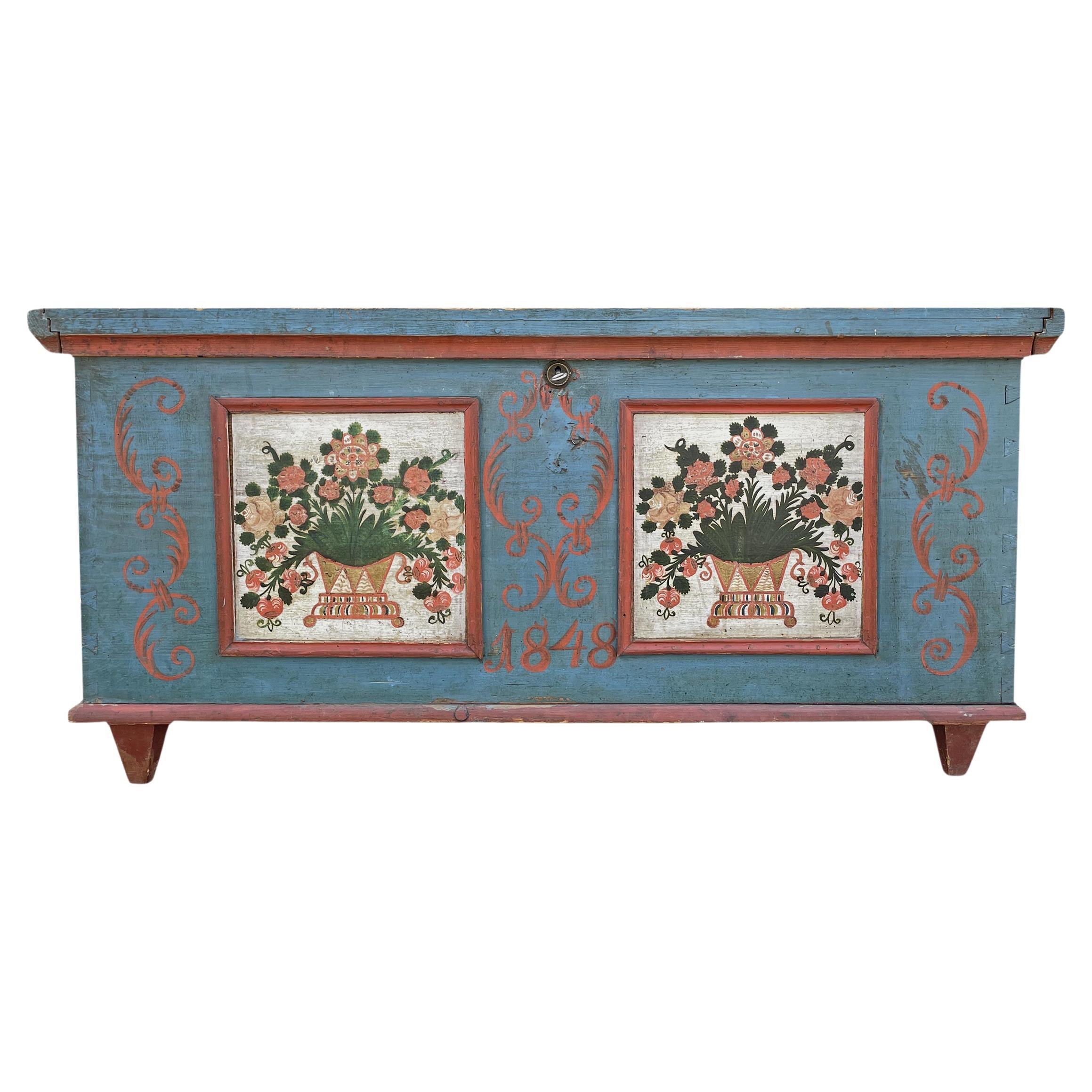 Blue Floral Painted Chest dated 1848   For Sale