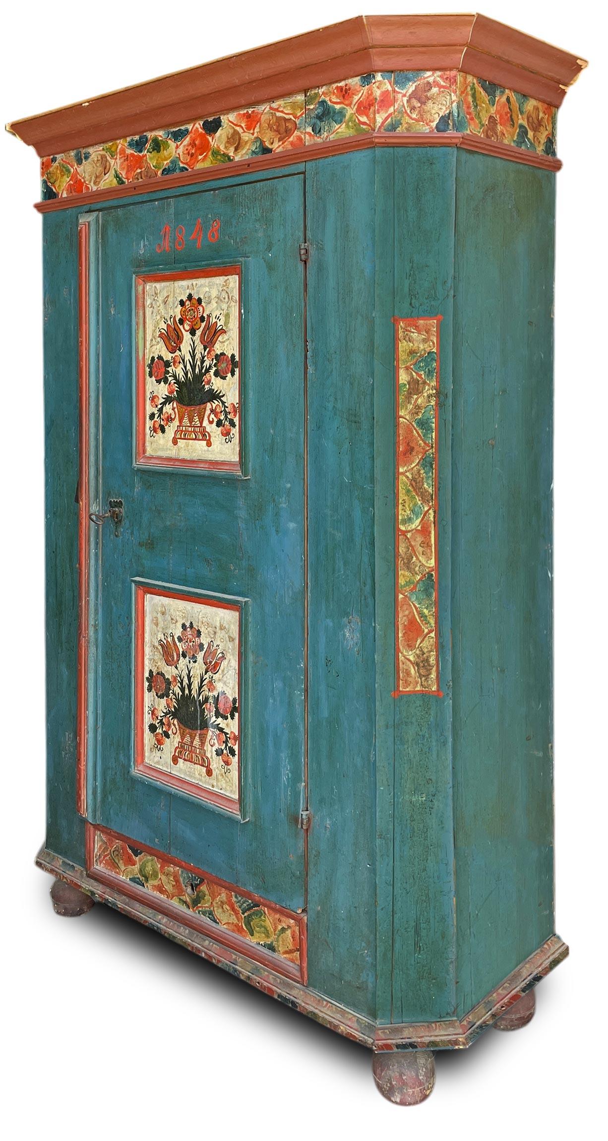 Alpine Blue Floral Painted Cupboard, circa 1750

Wood Type: Fir
Period: about 1750
Origin: Tyrol - Alps

Dimensions:
Height: 187 cm - Width: 120 cm (132 cm at cornices) - Depth: 47 cm (54 cm at cornices)
Height: 73.62 in - Width: 47.24 in (51.97 in
