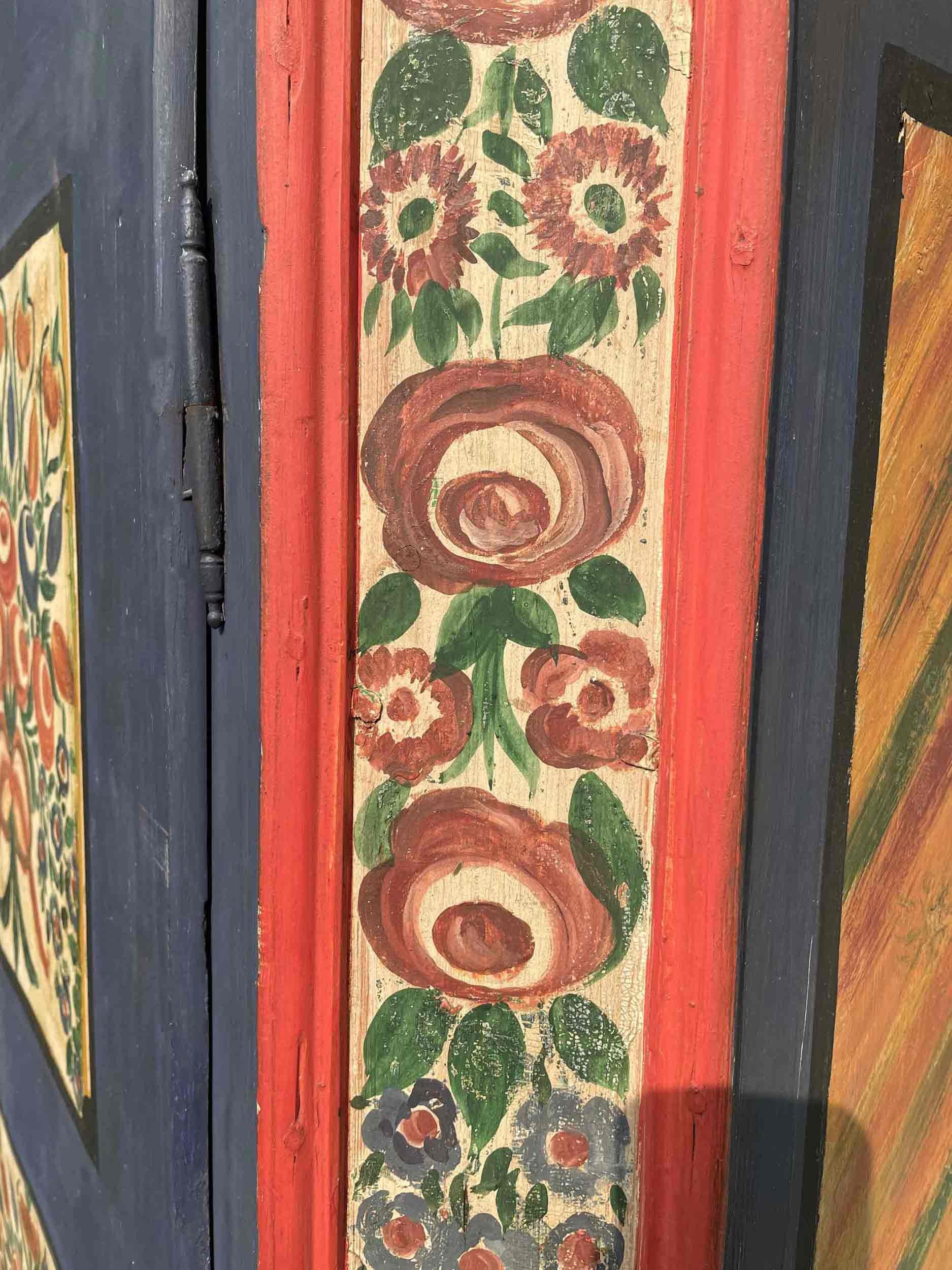 Hand-Painted Blue Floral Painted Wardrobe, 1850, Central Europe