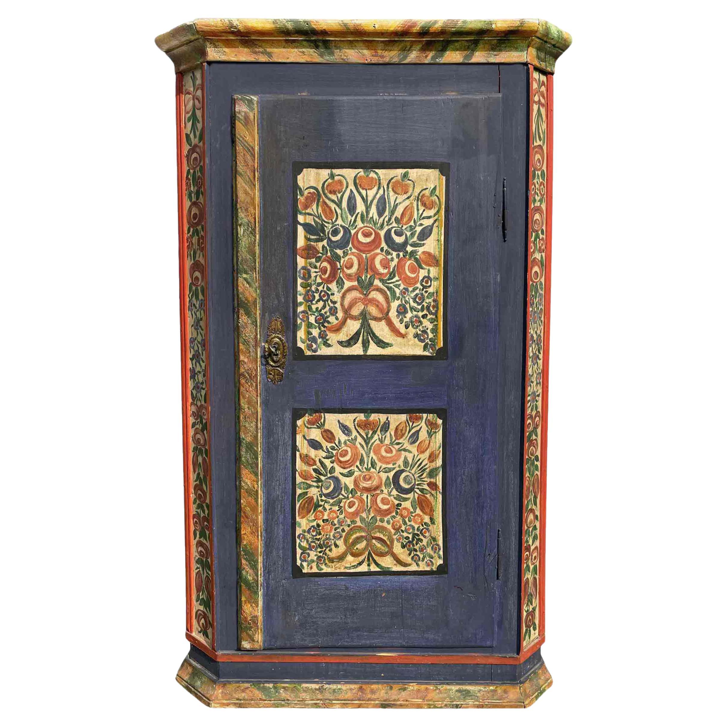 Blue Floral Painted Wardrobe, 1850, Central Europe